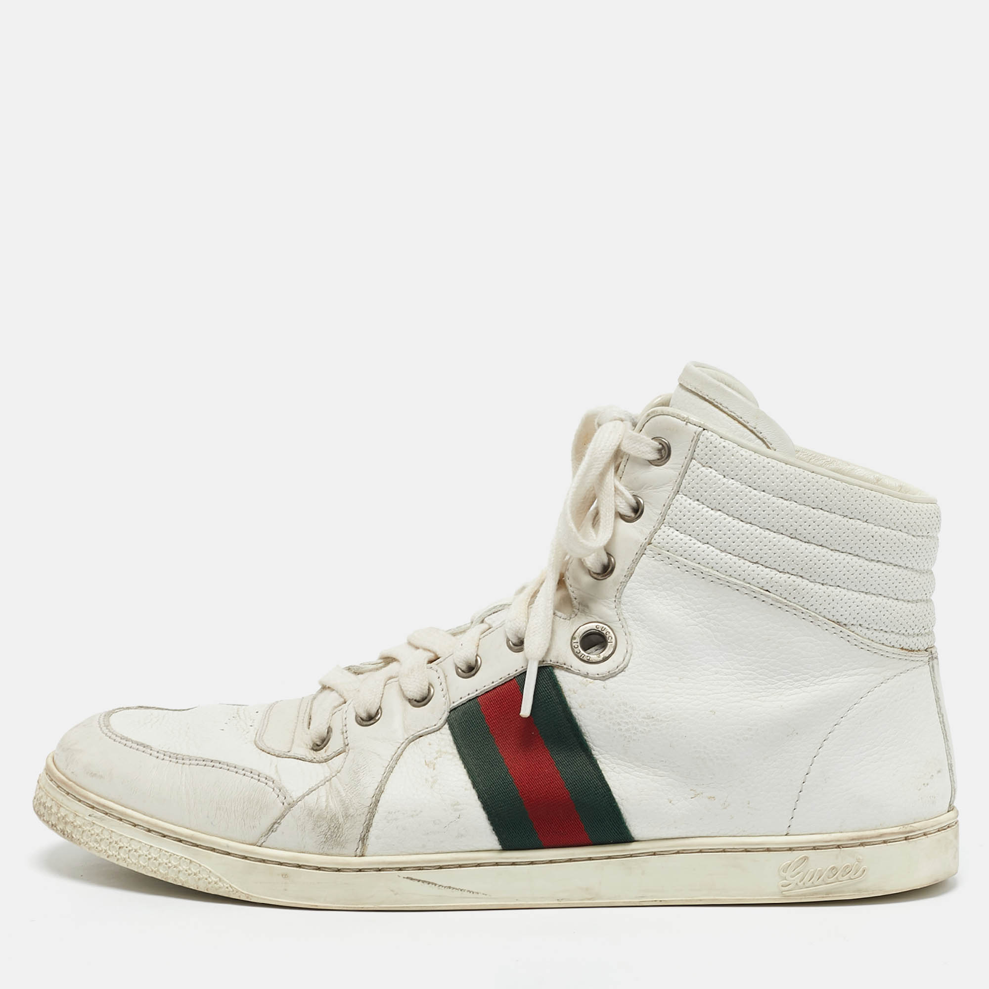 

Gucci White Leather Web Detail High Top Sneakers Size 45
