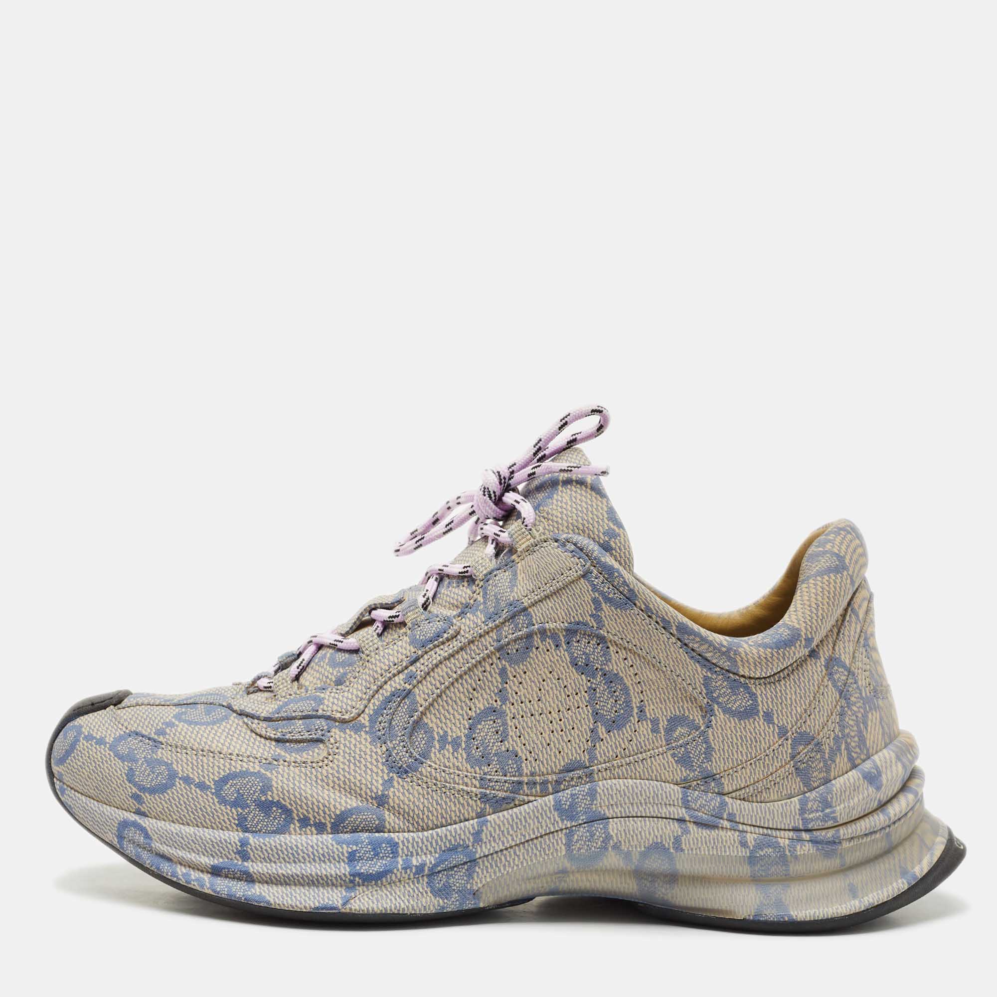 

Gucci Beige/Blue GG Printed Leather Run Sneakers Size 41.5