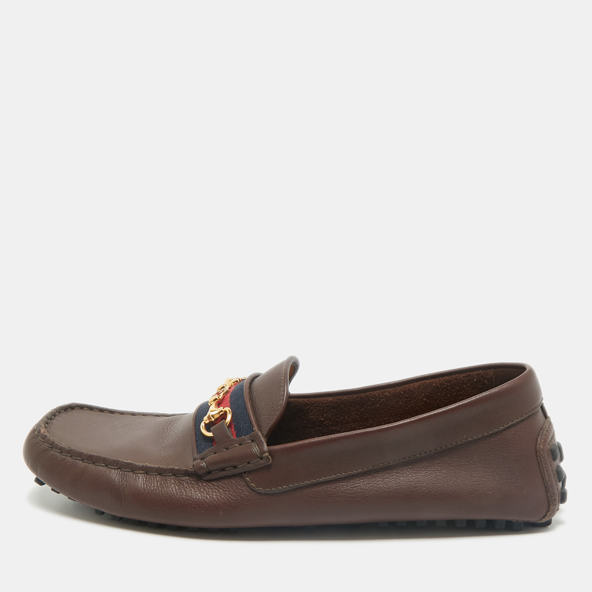 

Gucci Dark Brown Leather GG Horsebit Web Detail Slip On Loafers Size 42