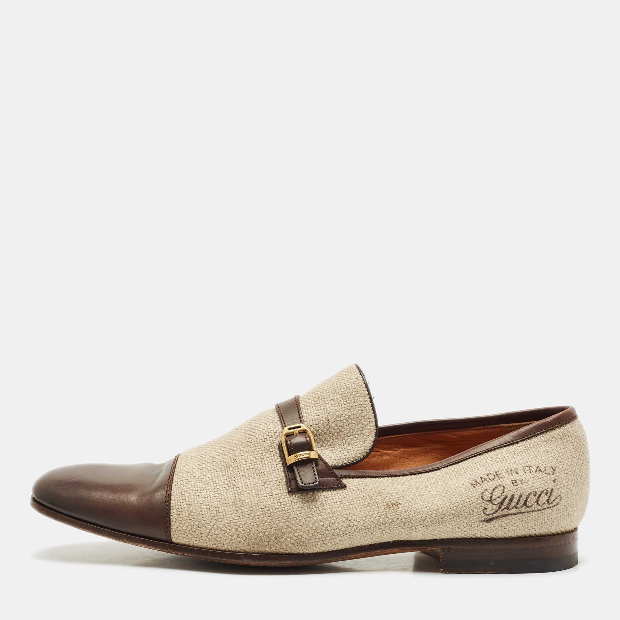 

Gucci Beige/Brown Canvas and Leather GG Slip On Loafers Size 43