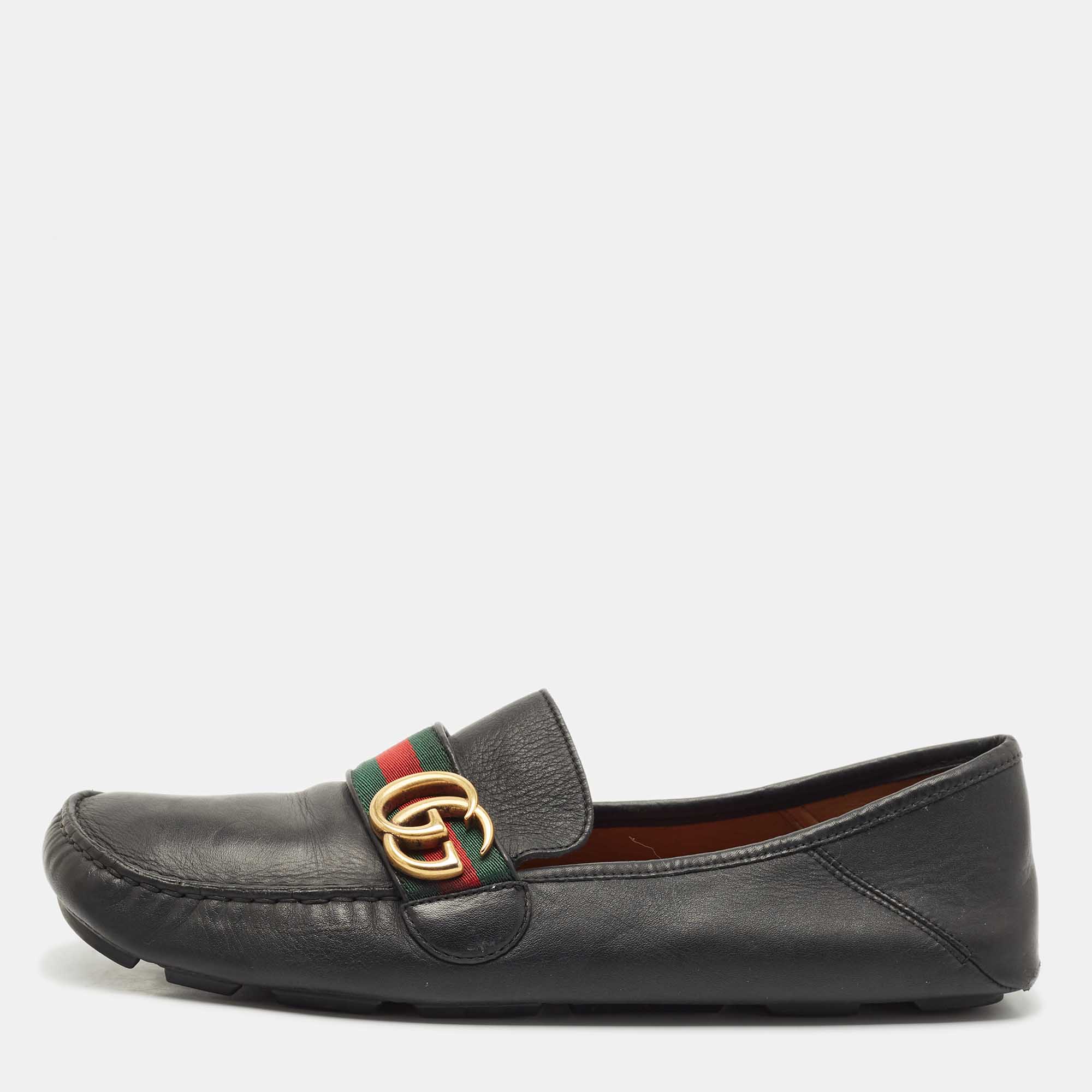 

Gucci Brown Leather GG Web Penny Loafers Size 43.5, Black