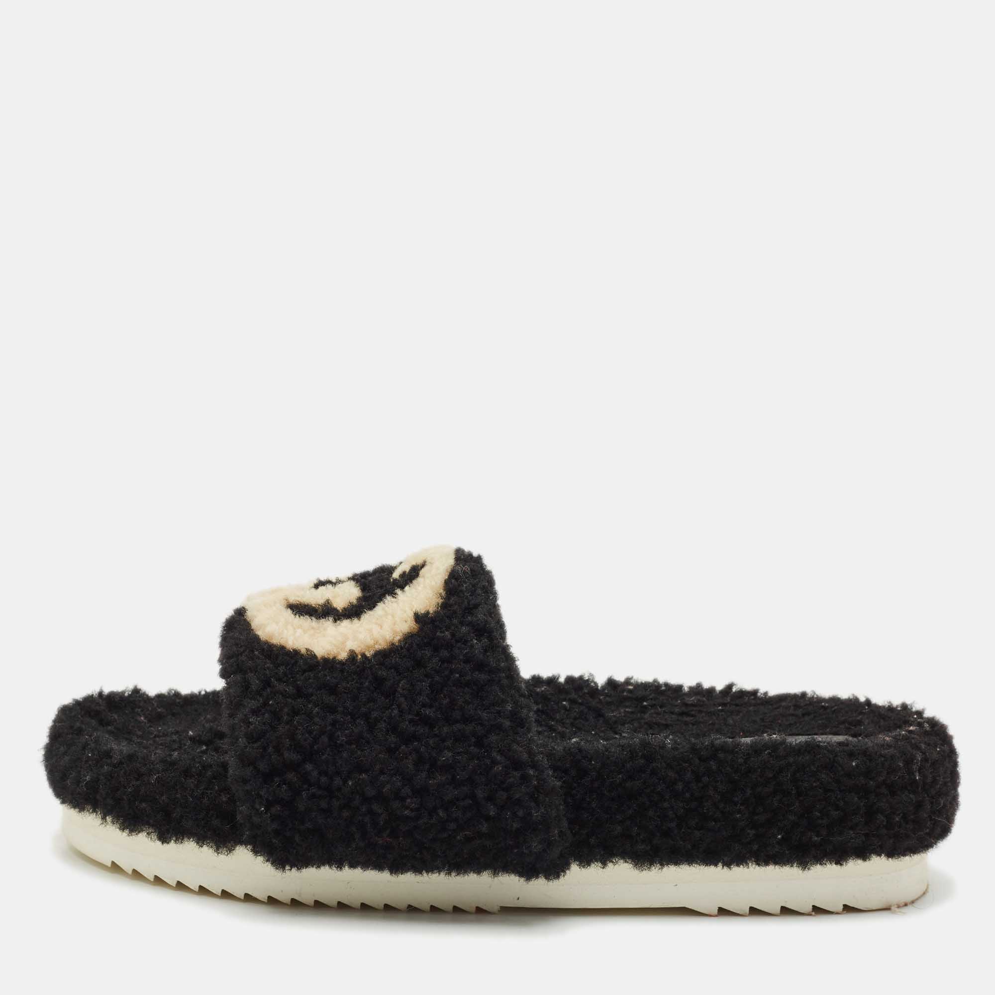 

Gucci Black Shearling GG Flat Slides Size
