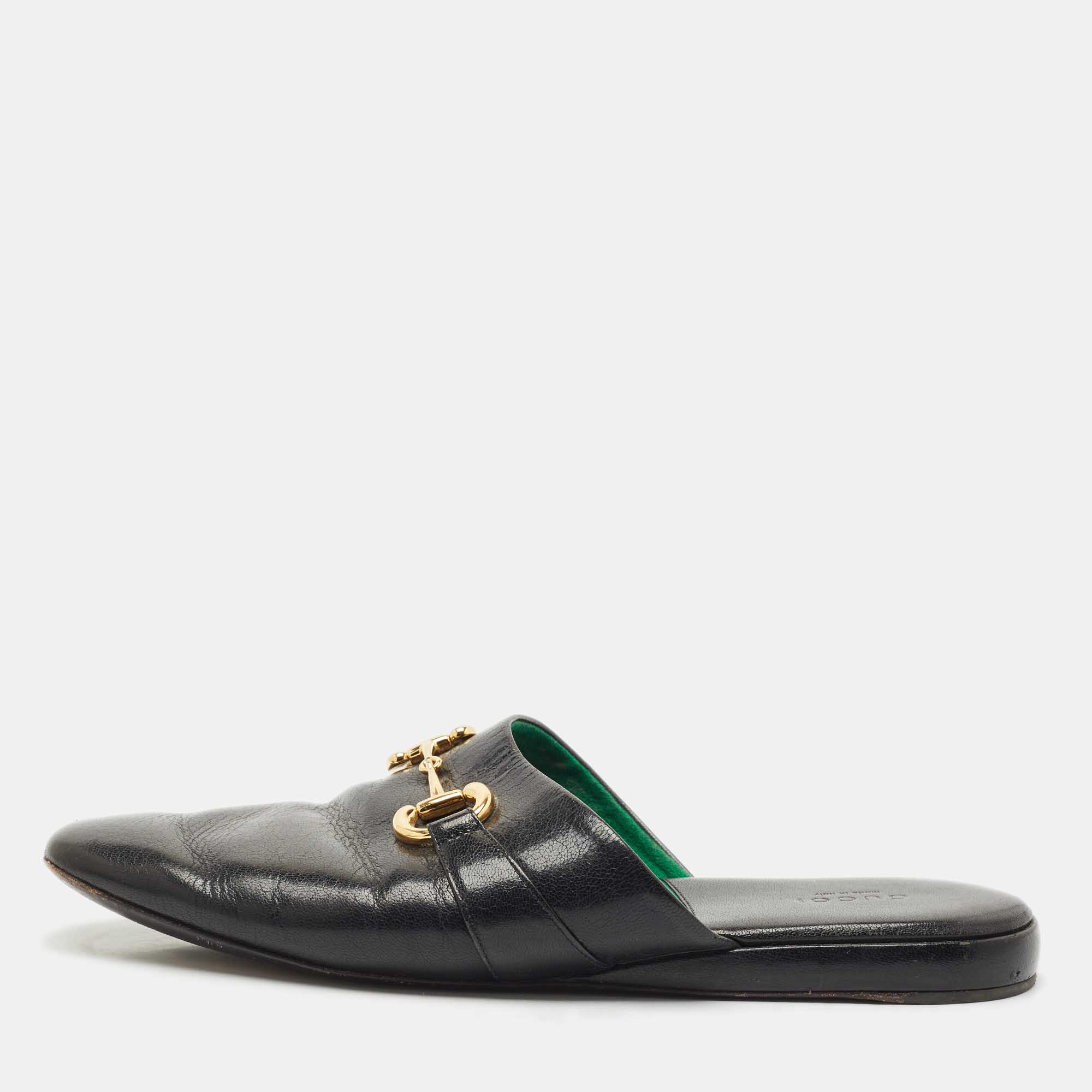 

Gucci Black Leather Horsebit Flat Slides Size