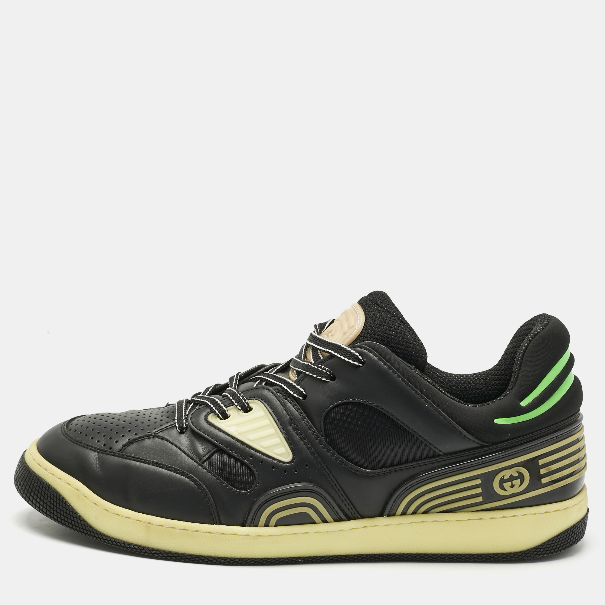 

Gucci Black/Green Leather and Nylon Basket Low Top Sneakers Size 46.5
