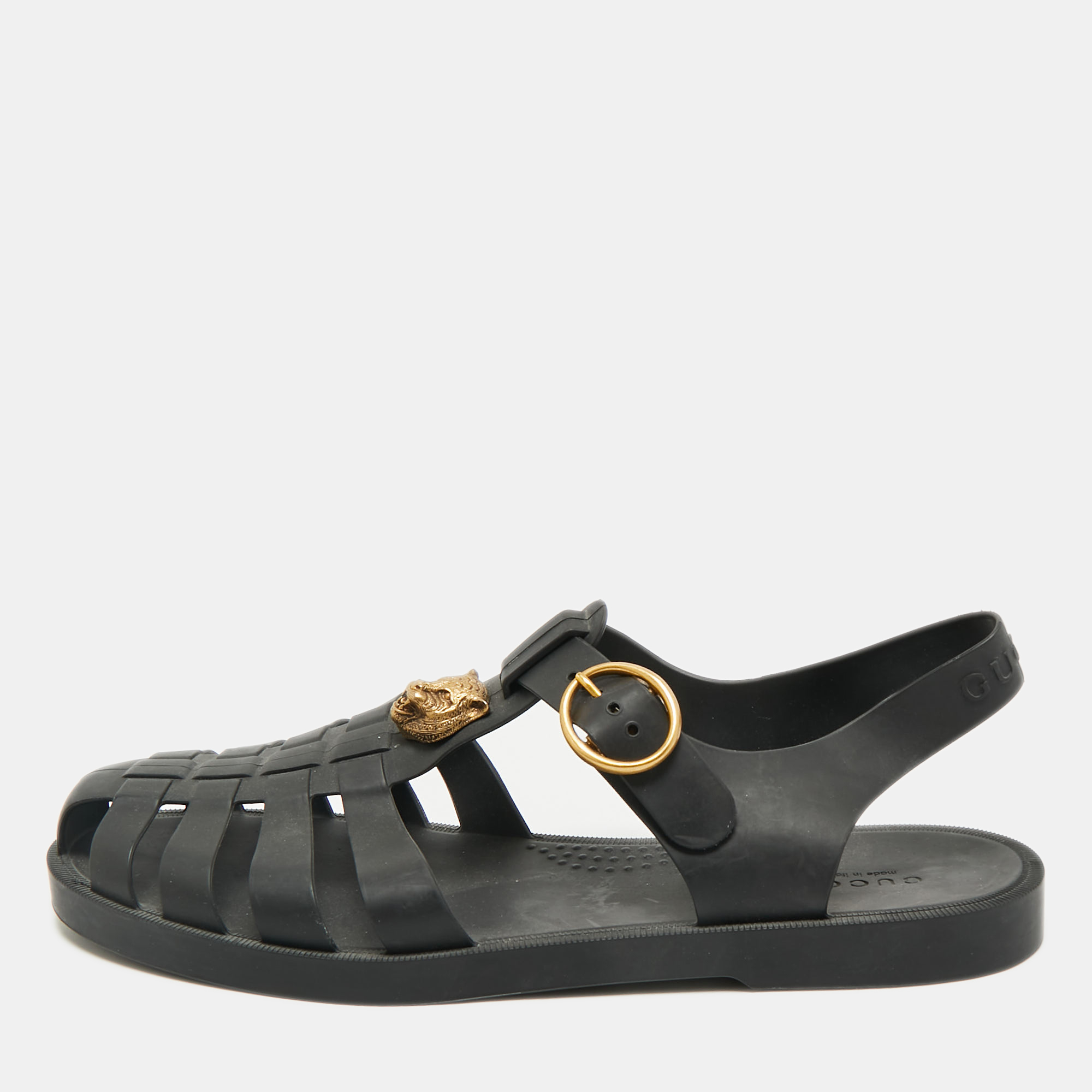 

Gucci Black Rubber GG Marmont and Tiger Embellished Buckle Strap Flat Sandals Size 41