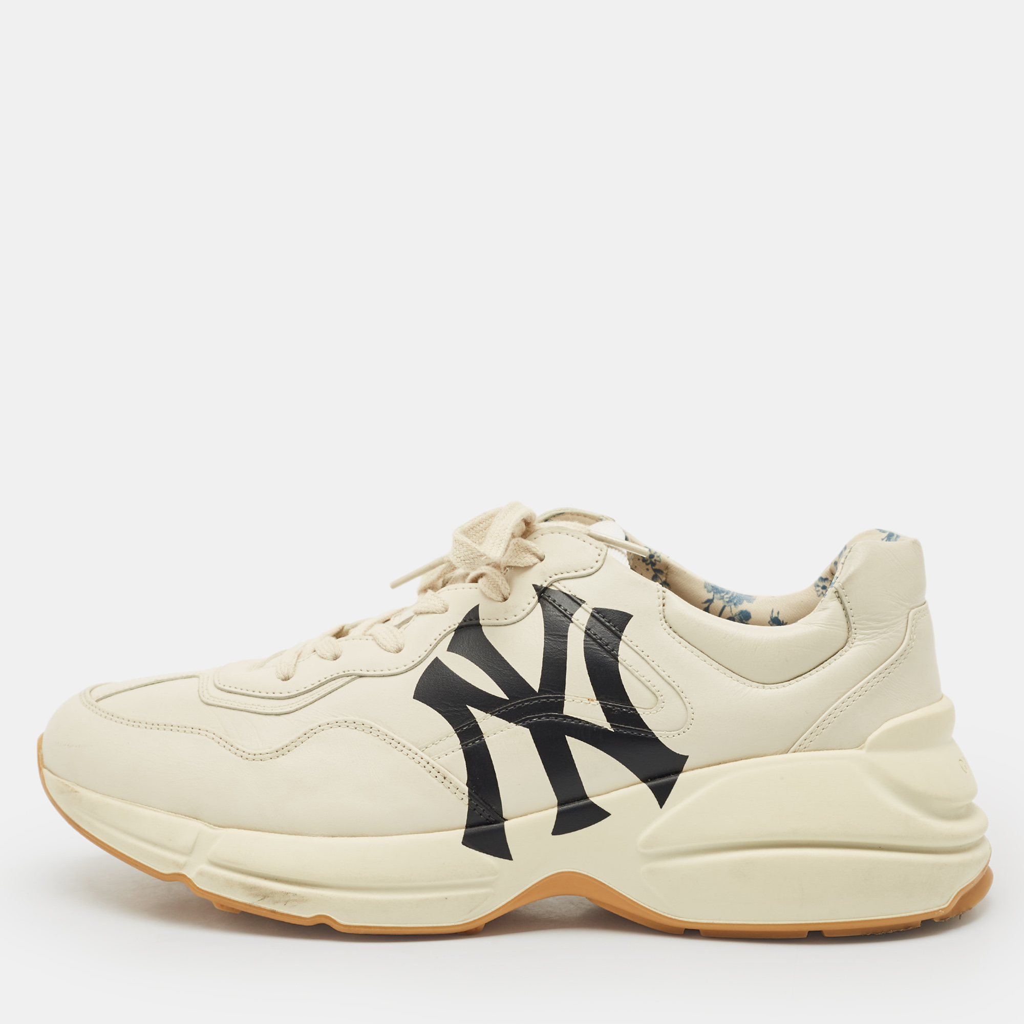 Gucci Mystic Cream Leather NY Yankees Rhyton Low Top Sneakers Size 44