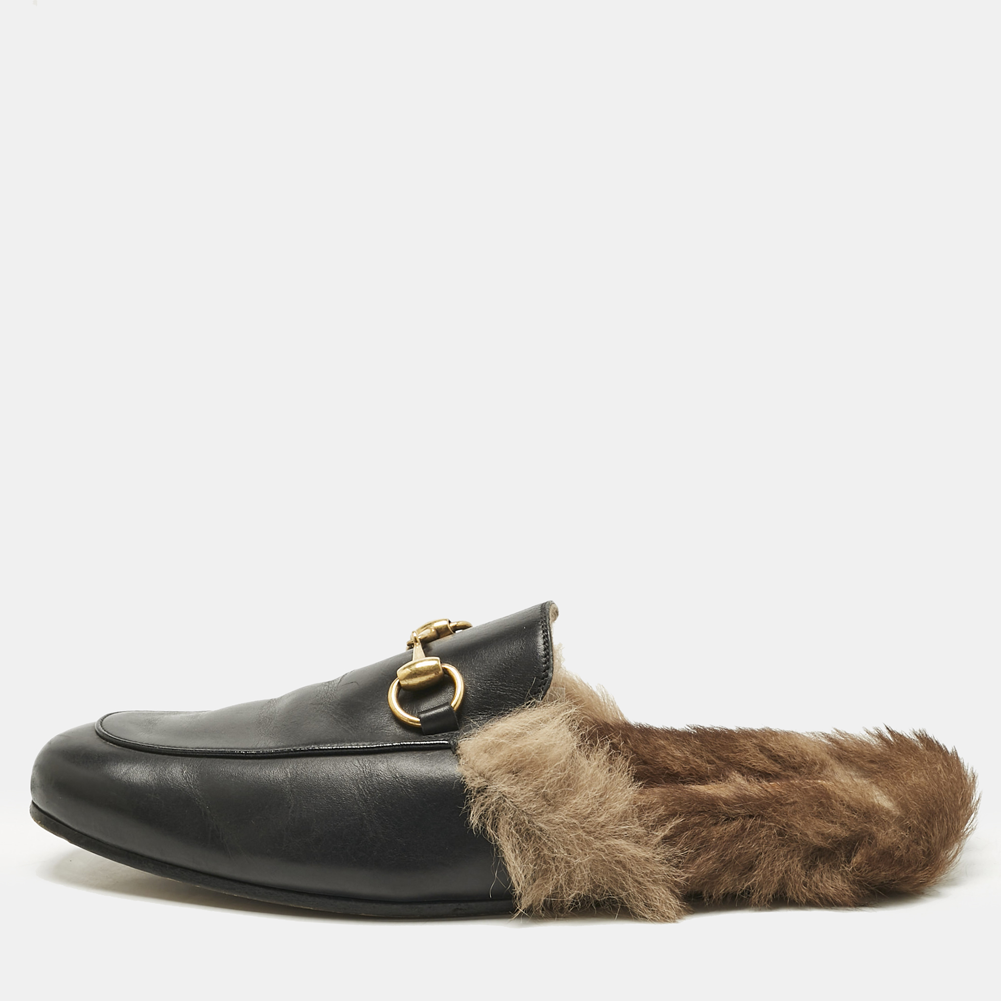 

Gucci Black Leather and Fur Princetown Flat Mules Size 39
