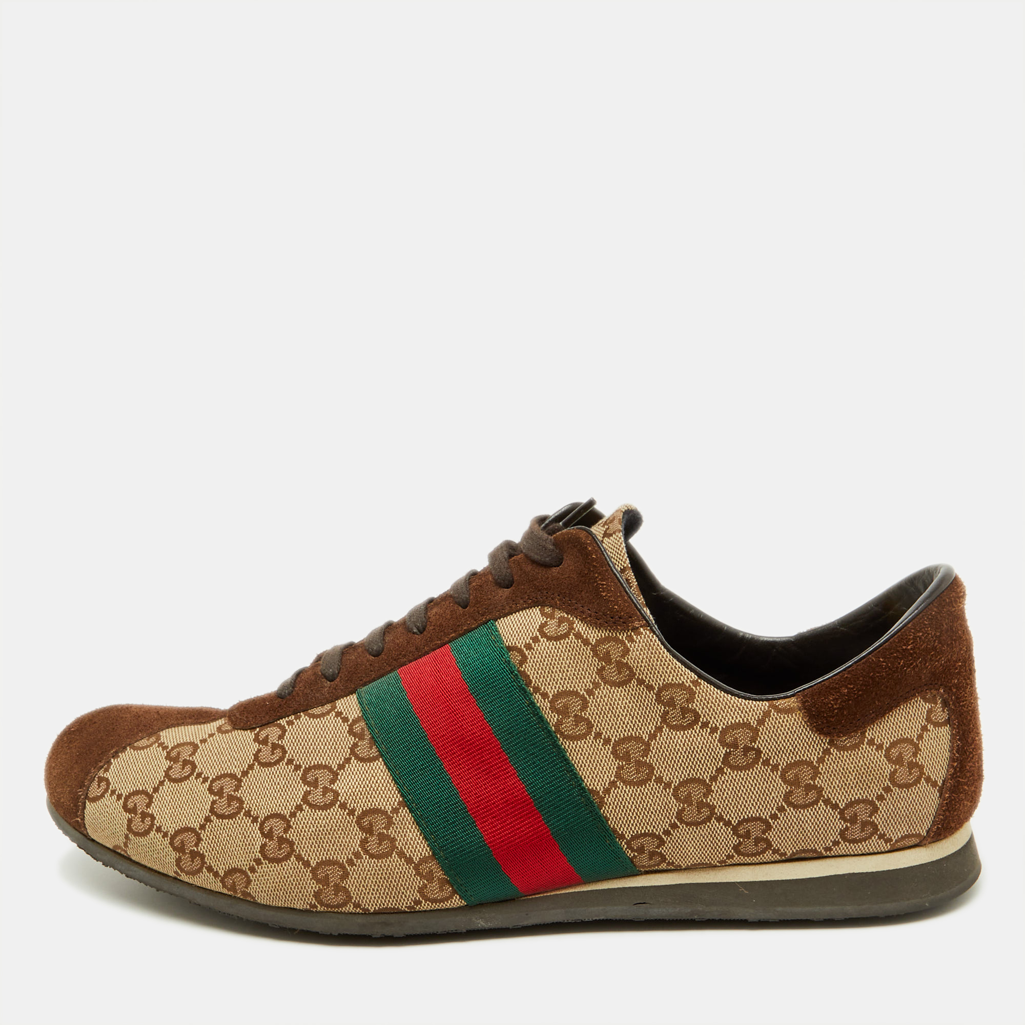 

Gucci Beige/Brown GG Canvas and Suede Web Low Top Sneakers Size 45