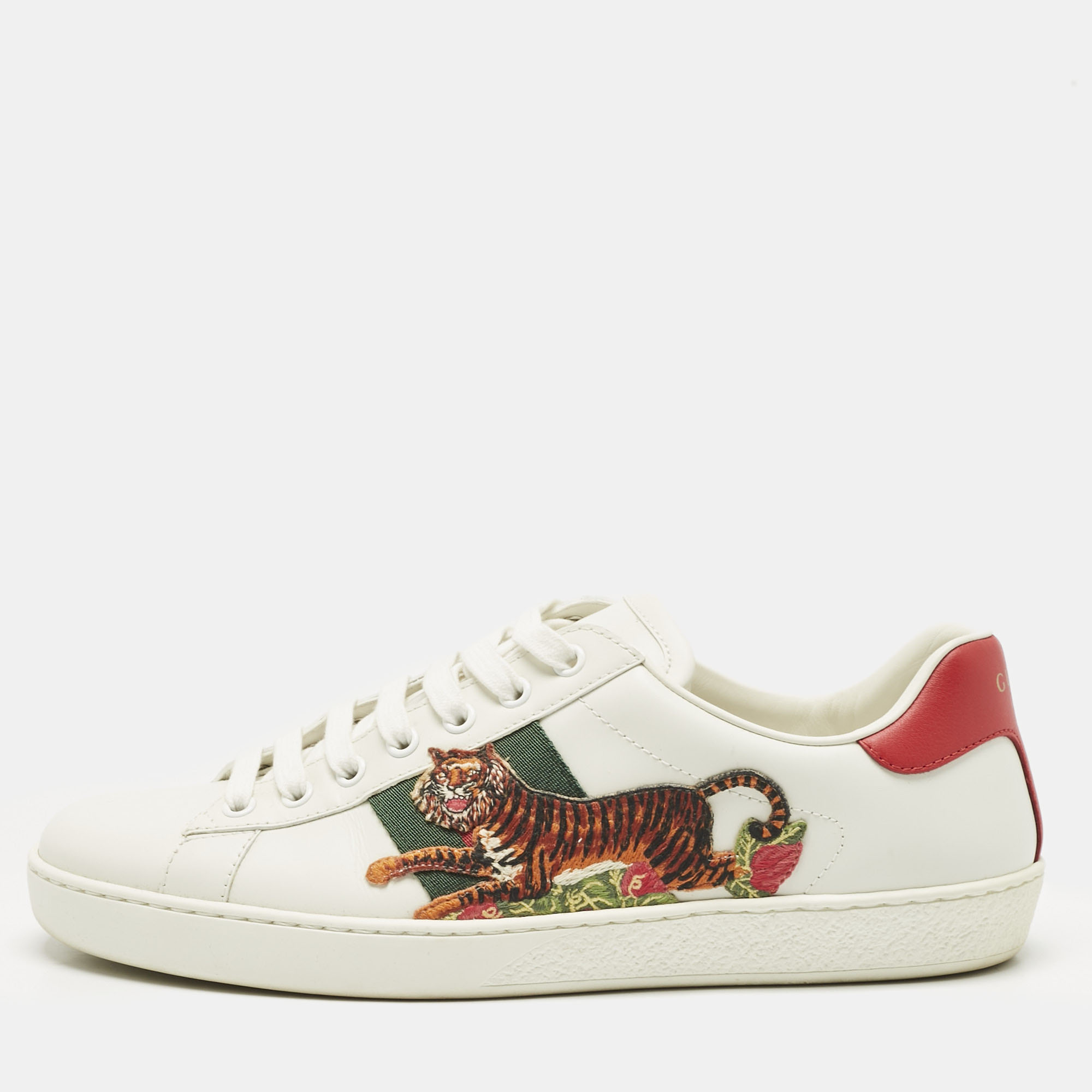 

Gucci White Leather Ace Web Tiger Embroidered Low Top Sneakers Size 41.5