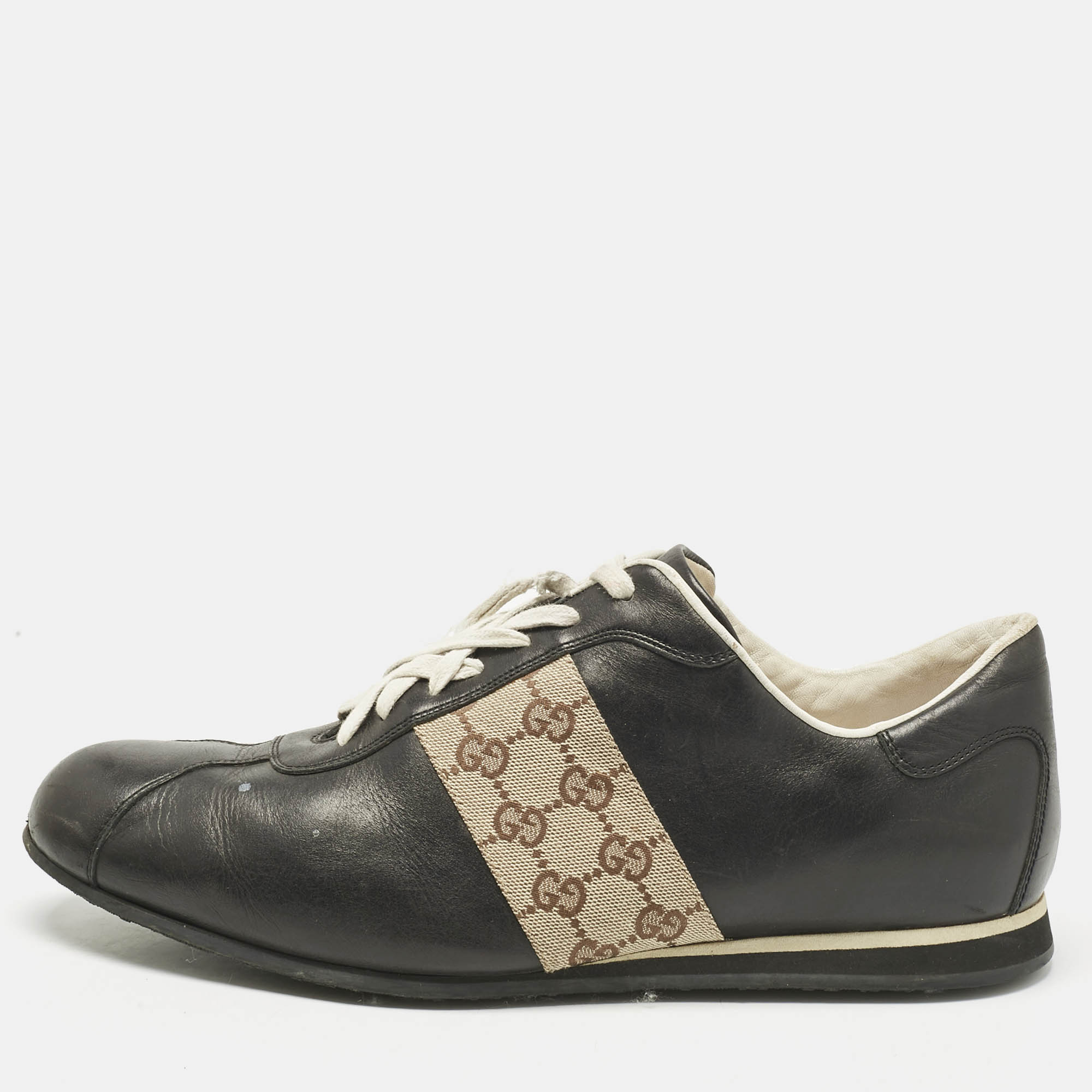Gucci Beige/Black Leather and Canvas Tennis Low Top Sneakers Size 45
