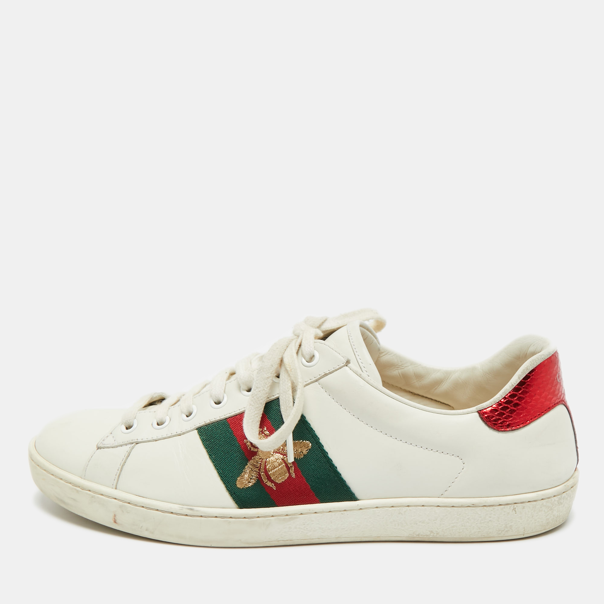 

Gucci White Leather And Python Embossed Leather Ace Low Top Sneakers Size 42