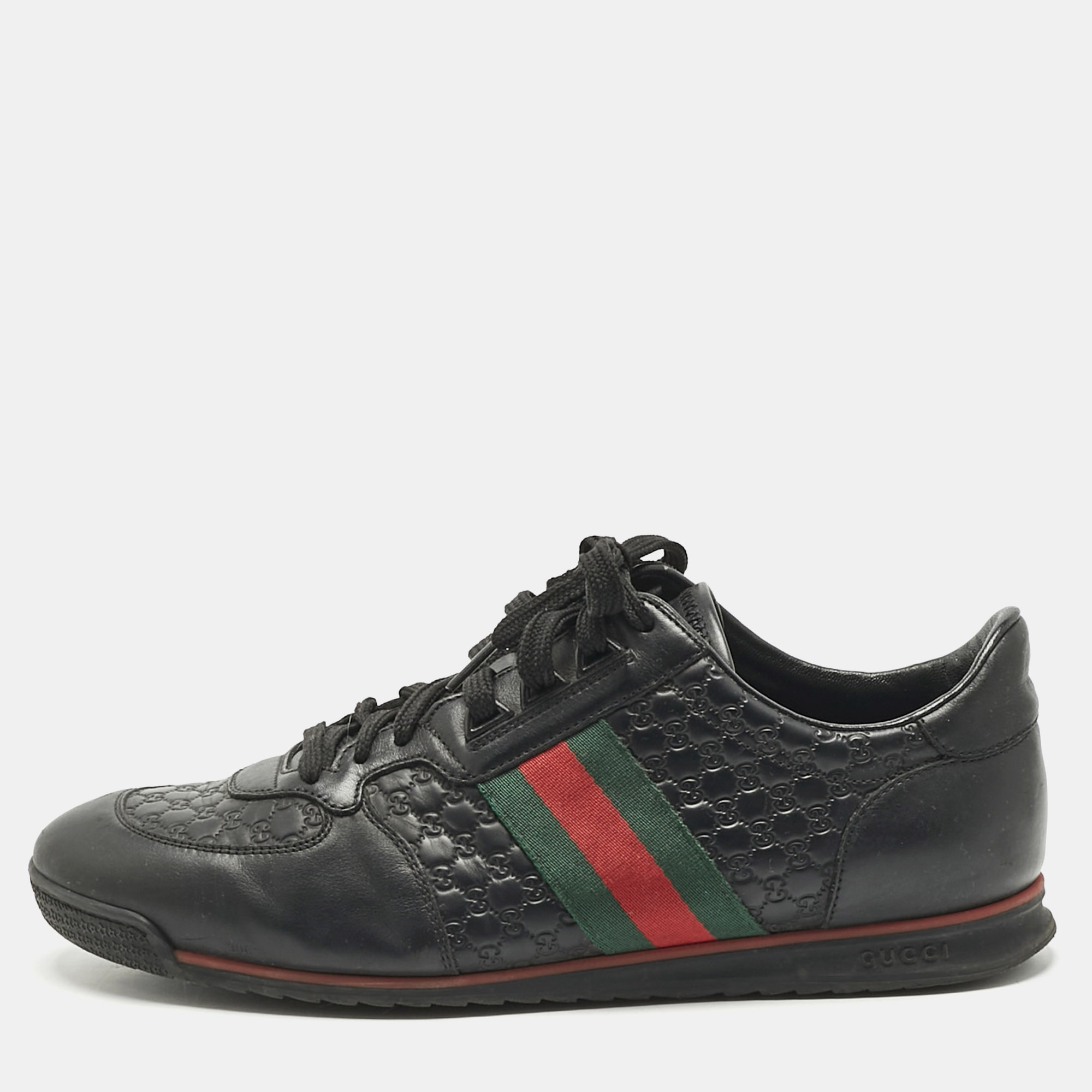 Gucci Black Guccissima Leather Web Low Top Sneakers Size 43