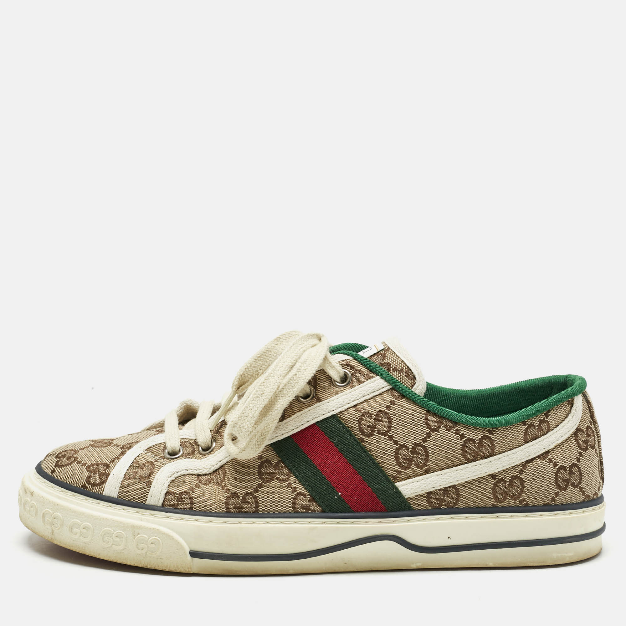Gucci Beige Canvas Tennis 1977 Lace Up Sneakers Size 40