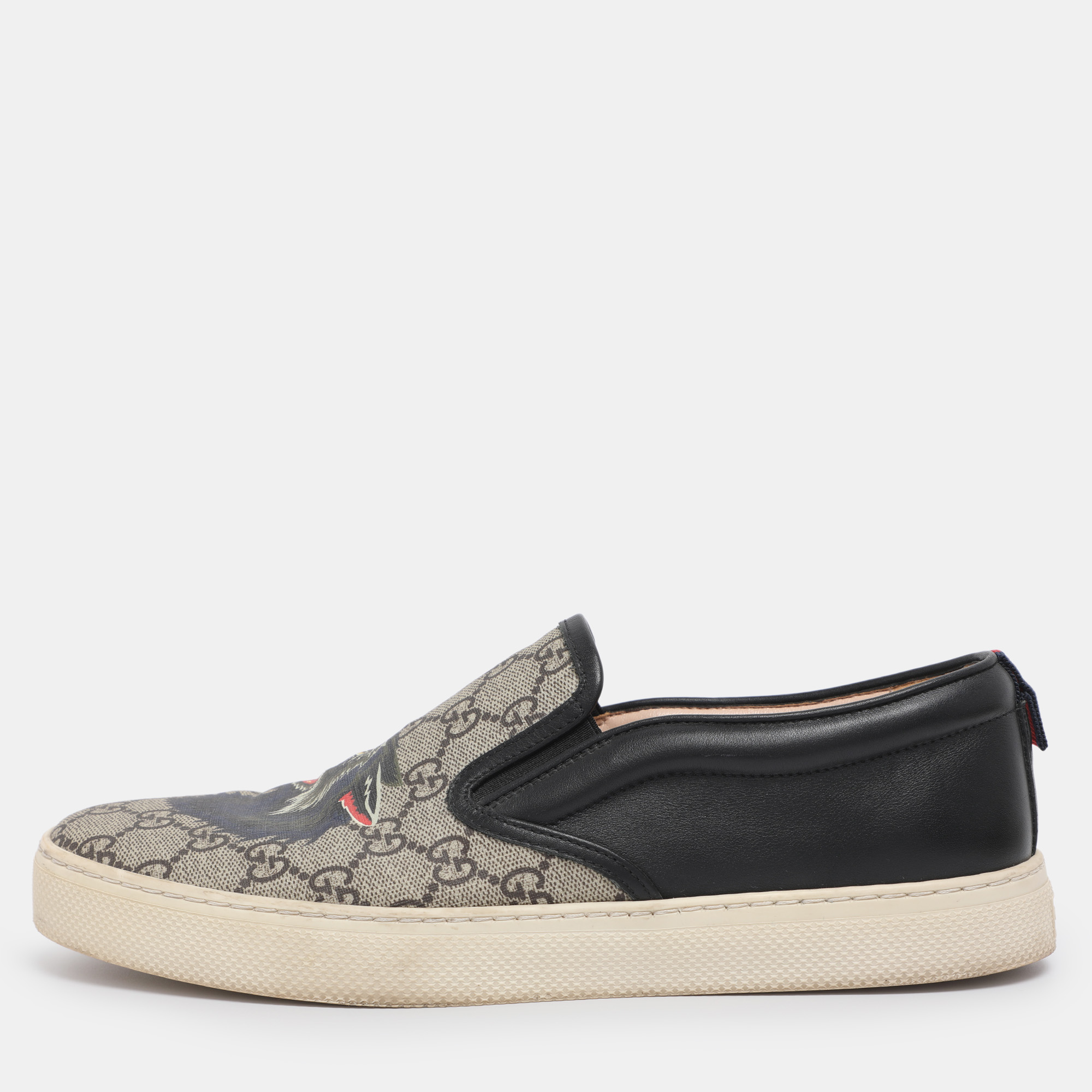 

Gucci Beige/Black Tiger Print GG Supreme Canvas and Leather Slip On Sneakers Size 42.5