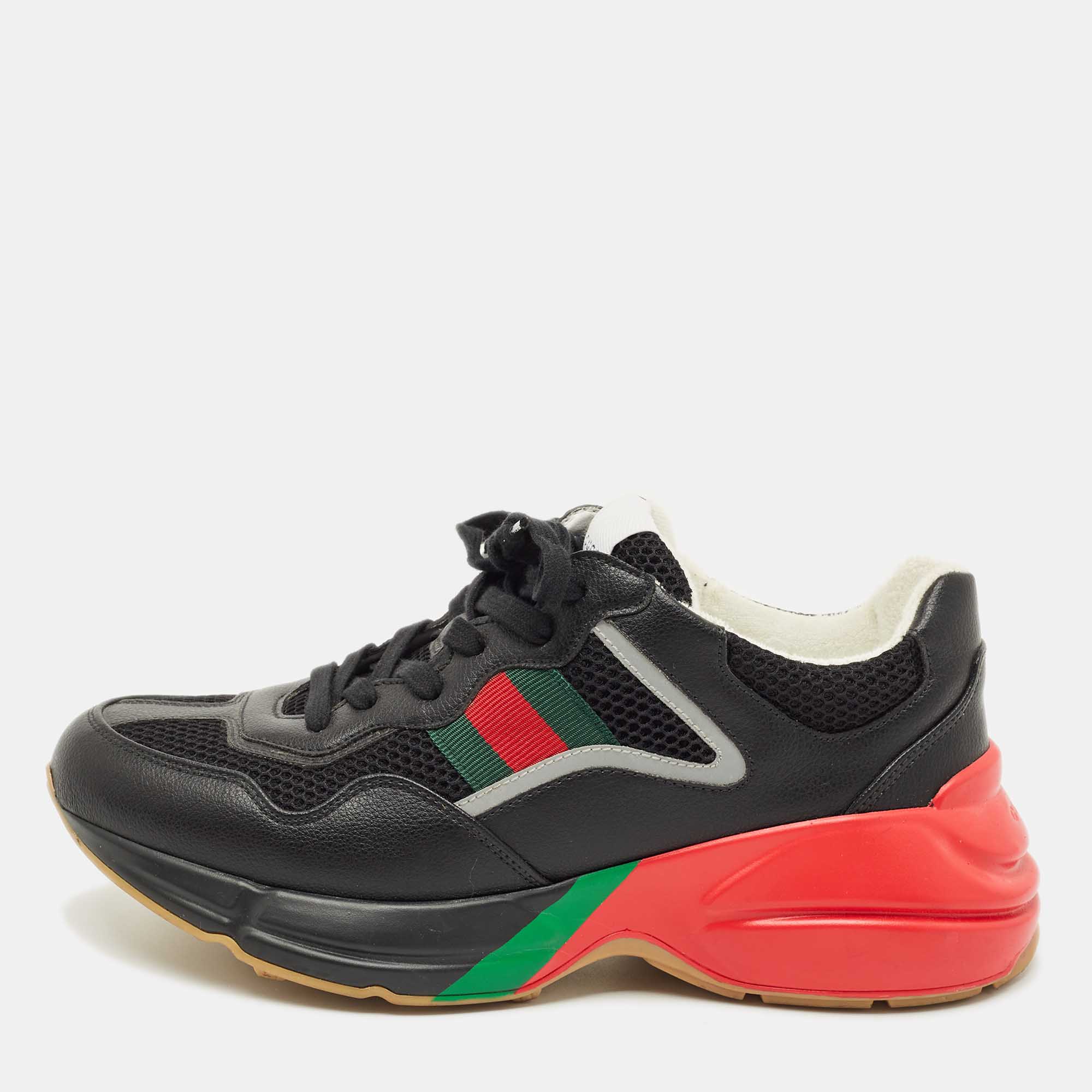 Gucci Black Leather and Mesh Web Rhyton Sneakers Size 41