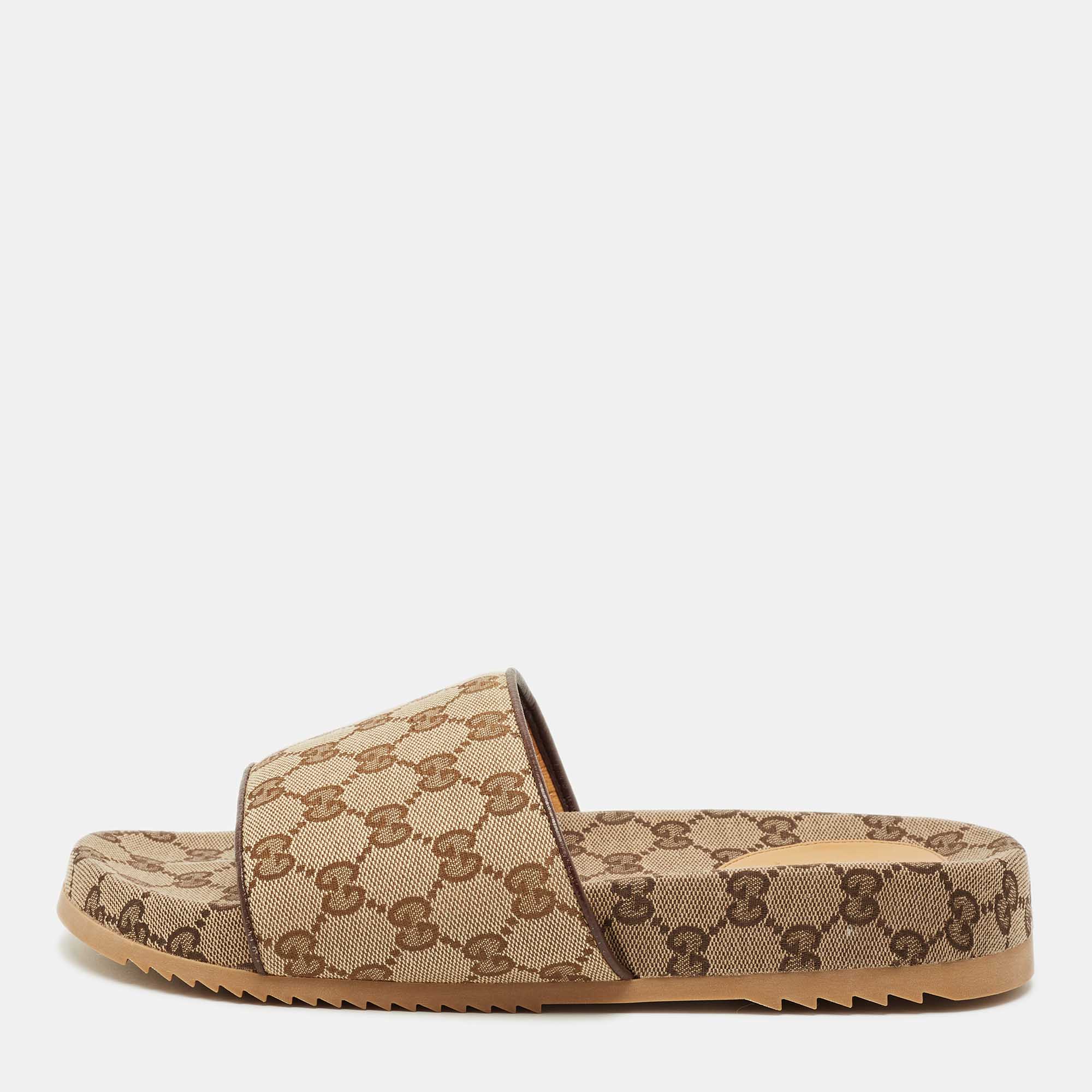 Gucci Brown/Burgundy GG Canvas and Leather Flat Slides Size 43