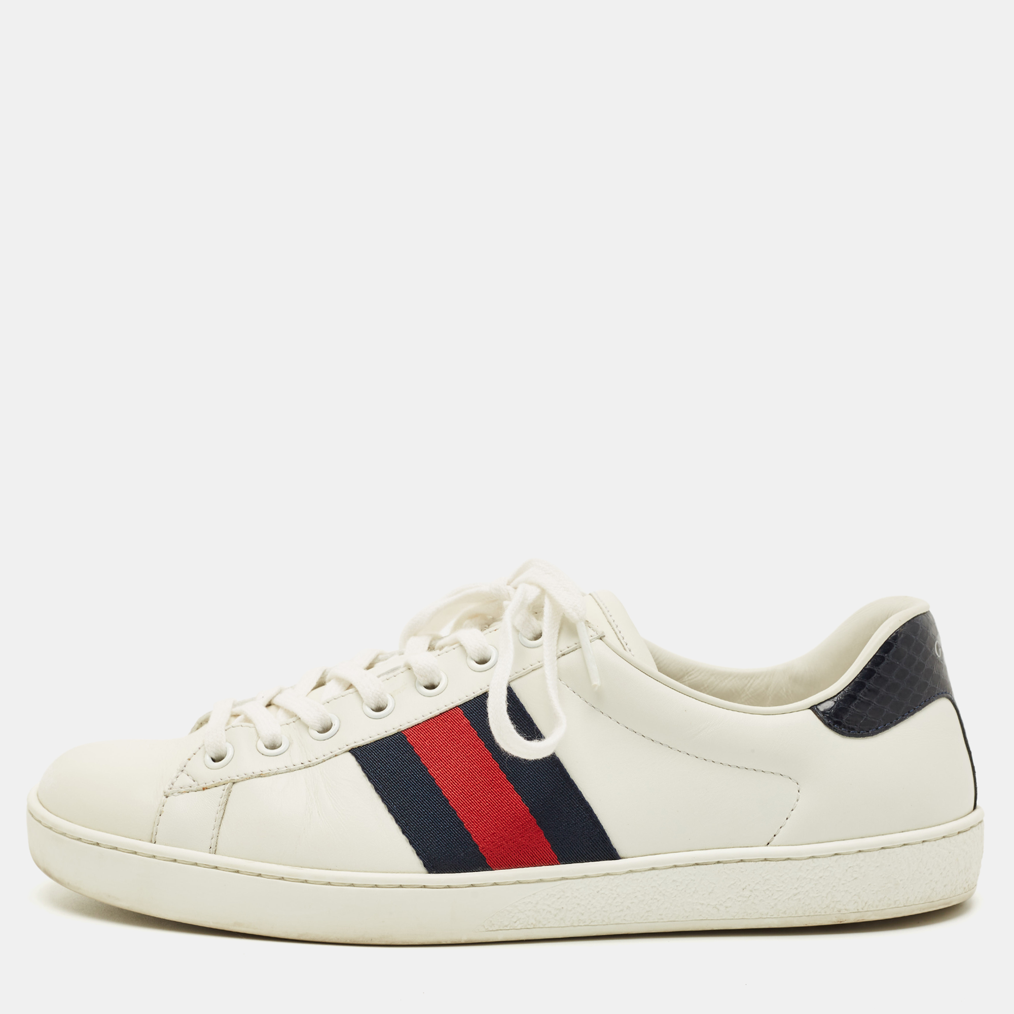 

Gucci White Leather and Python Embossed Leather Web Ace Lace Up Sneakers Size 42.5