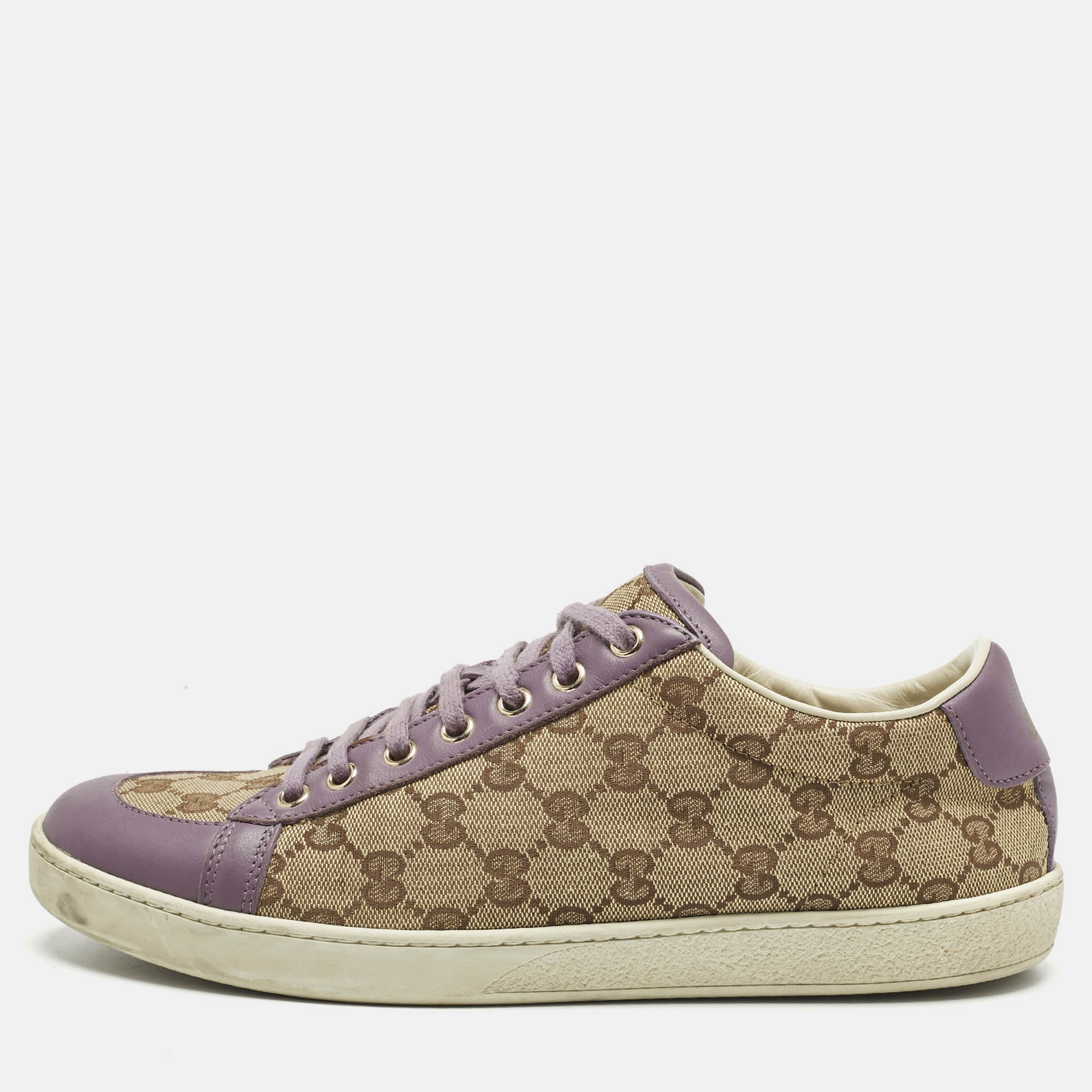 

Gucci Beige/Purple Canvas and Leather Guccissima Lace Up Sneakers Size