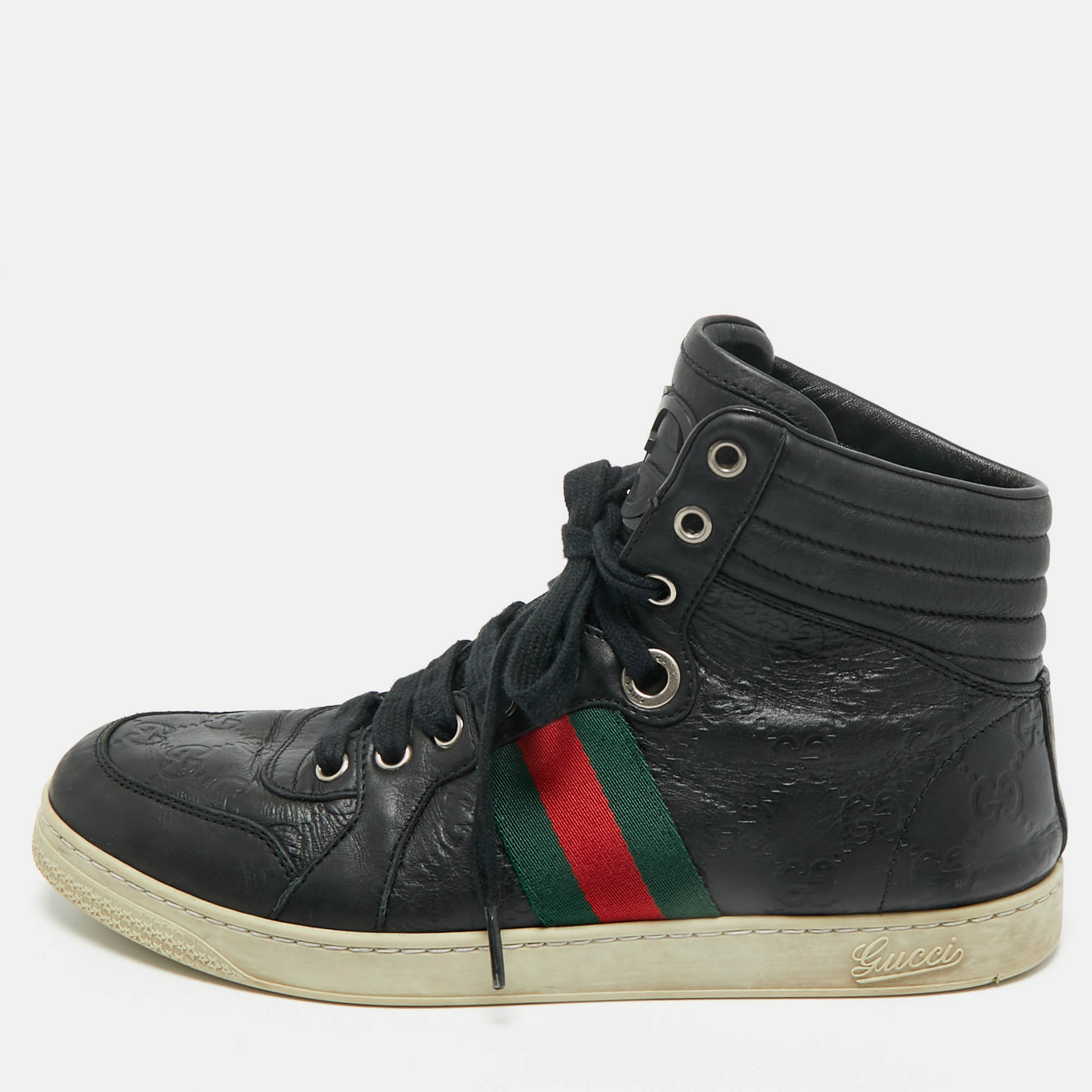 Gucci Black Guccissima Leather Web Detail High-Top Sneakers Size 40