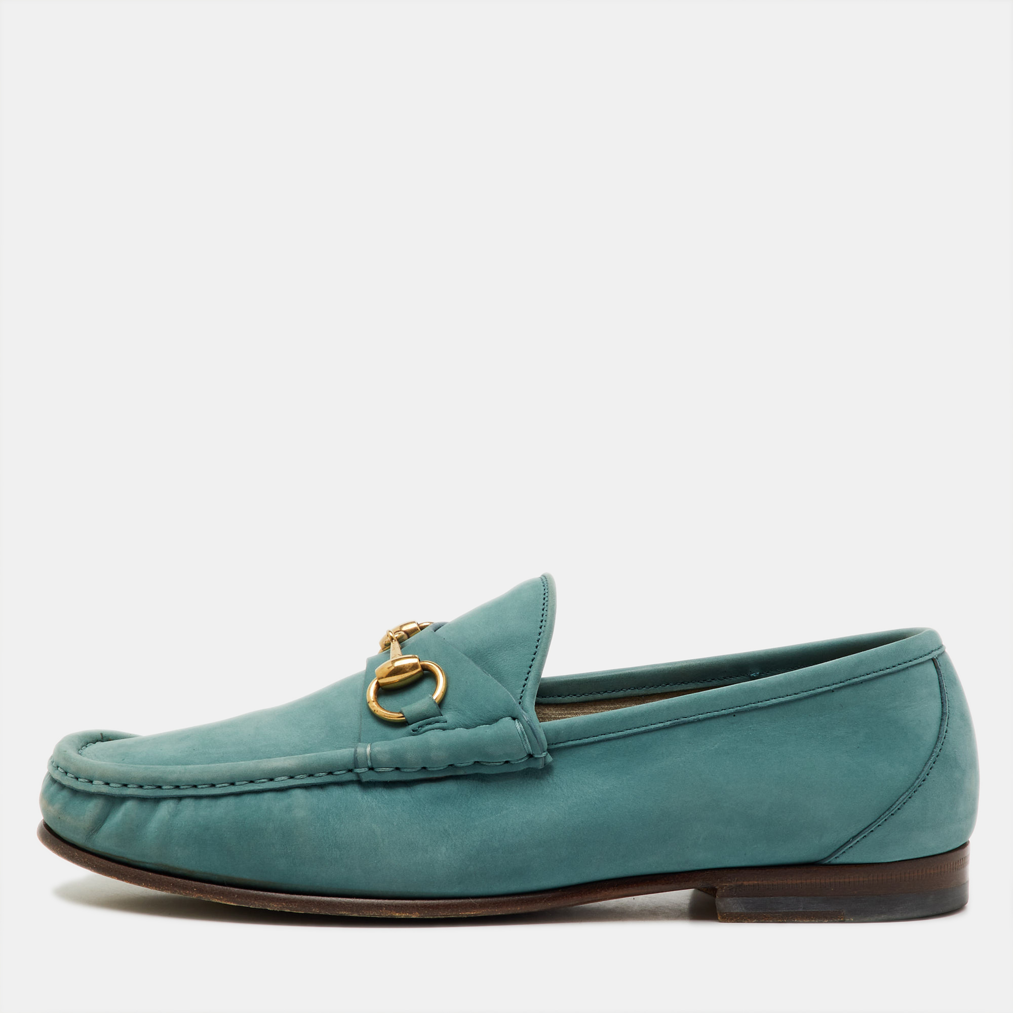 

Gucci Sea Green Nubuck Leather 1953 Horsebit Slip On Loafers Size 41