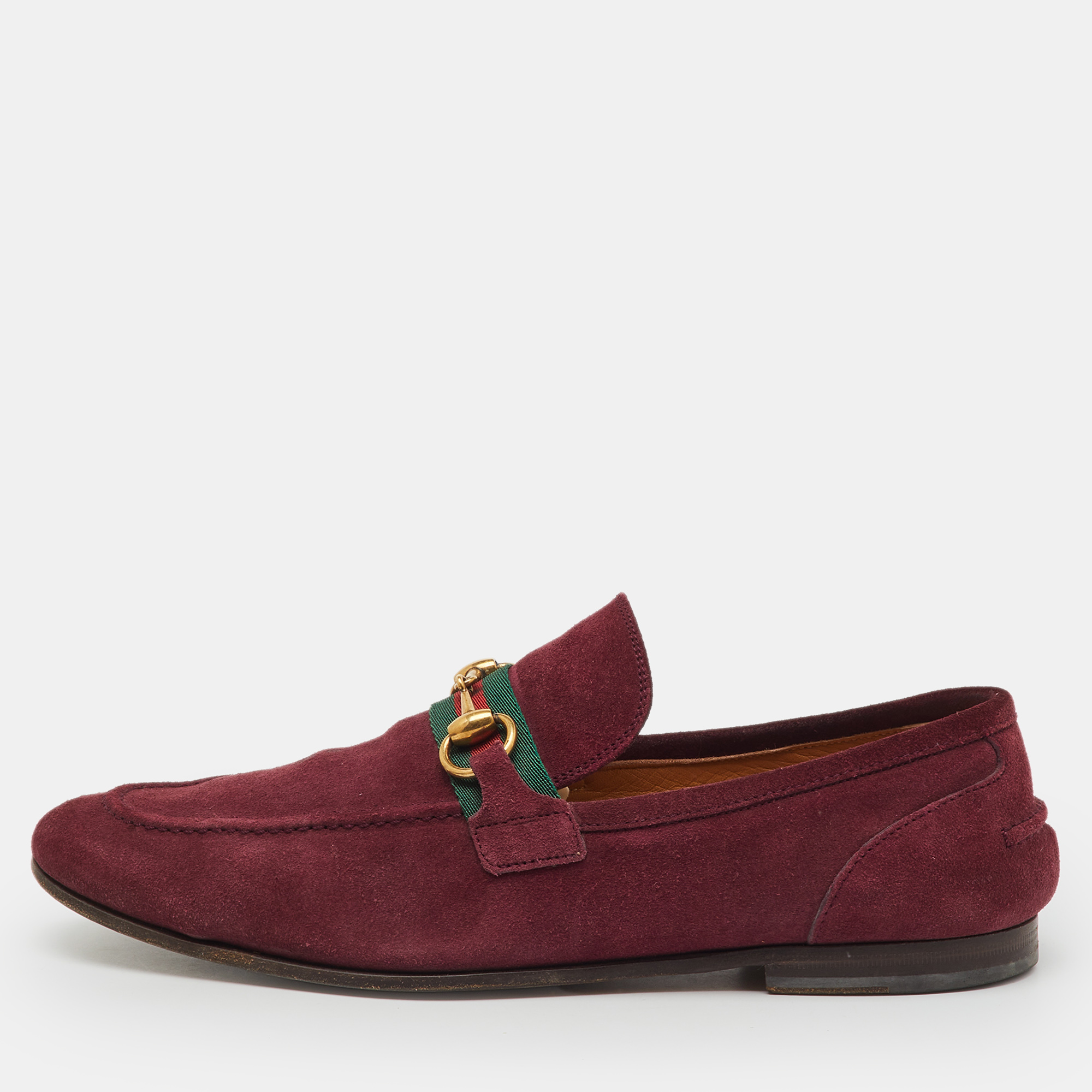 

Gucci Burgundy Suede Web Horsebit Slip On Loafers Size 41