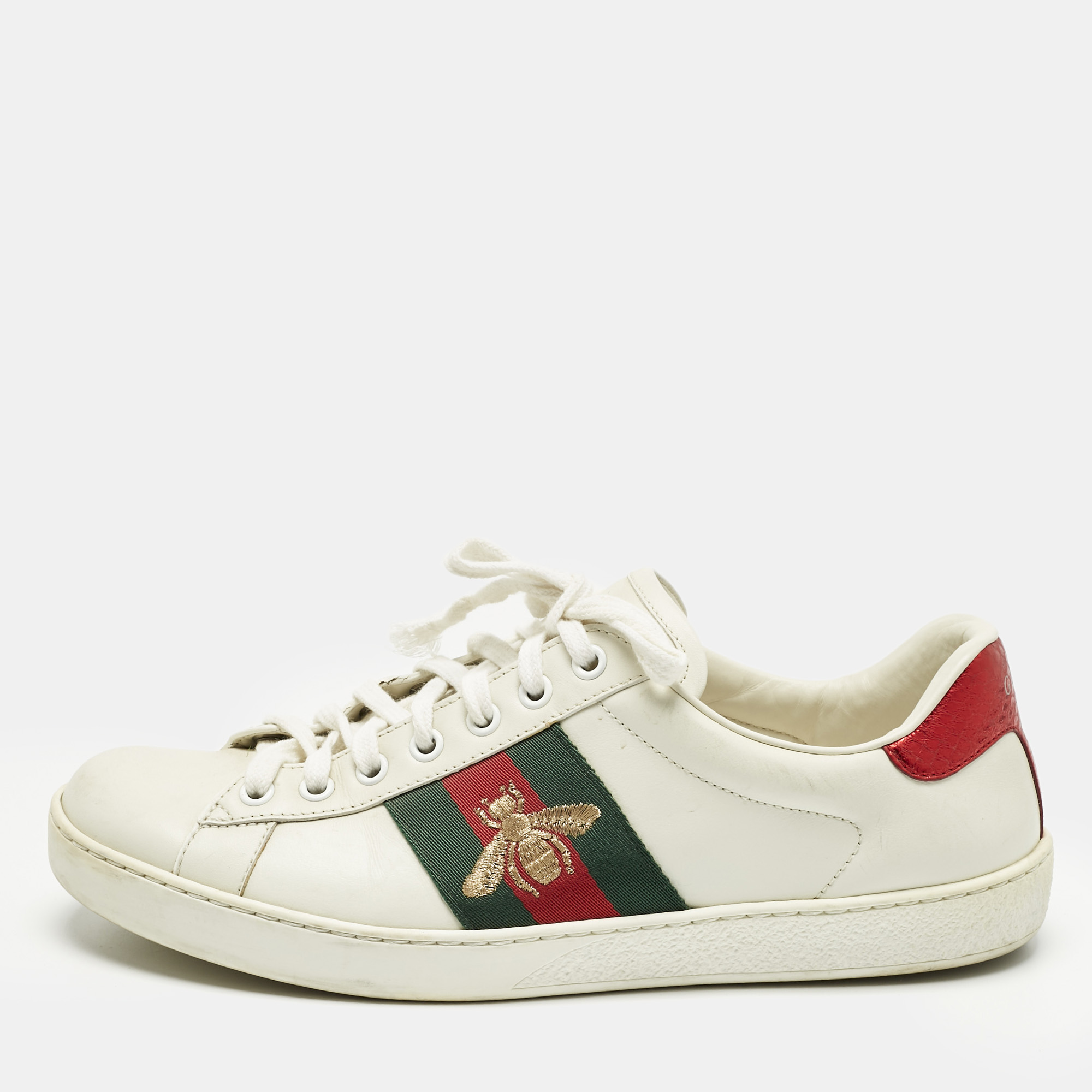 

Gucci White Leather and Snakeskin Embossed Leather Ace Lace Up Sneakers Size 40