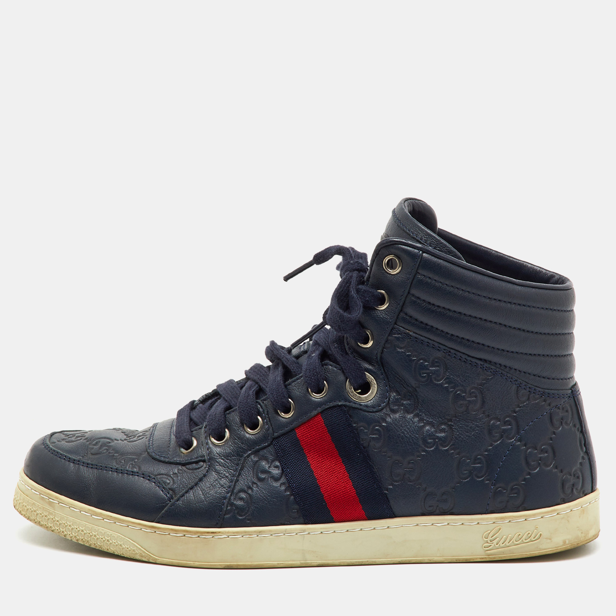 Gucci Navy Blue Guccissima Leather Web Detail High Top Sneakers Size 41.5