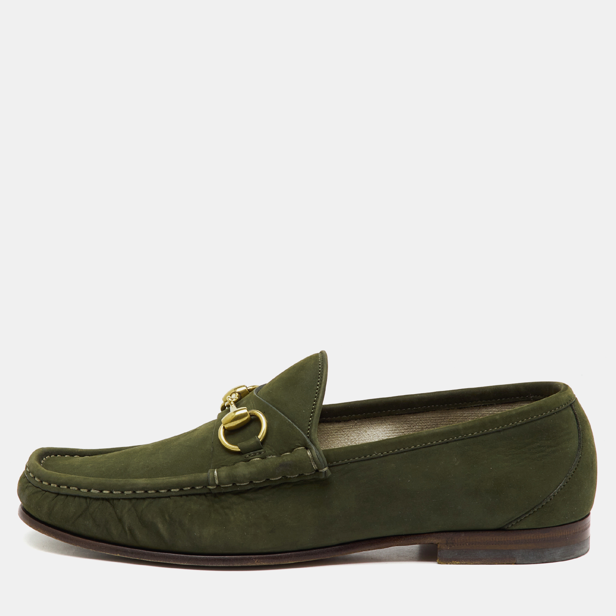 

Gucci Green Nubuck Leather 1953 Horsebit Slip On Loafers Size 41