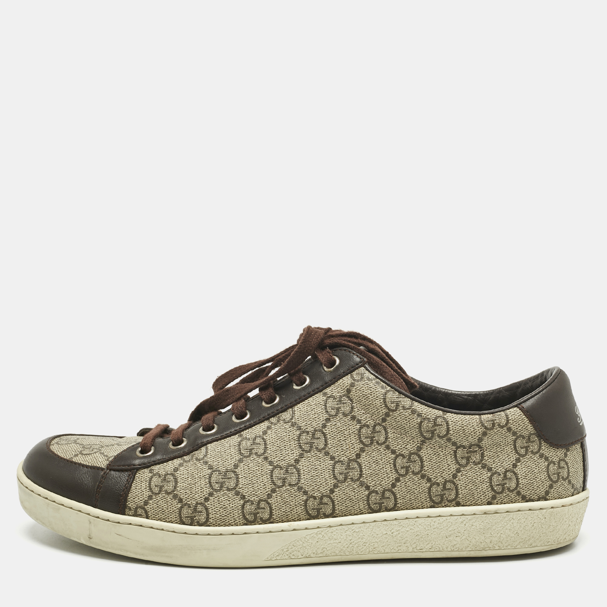 

Gucci Beige/Dark Brown Coated Canvas and Leather GG Supreme Low Top Sneakers Size 43