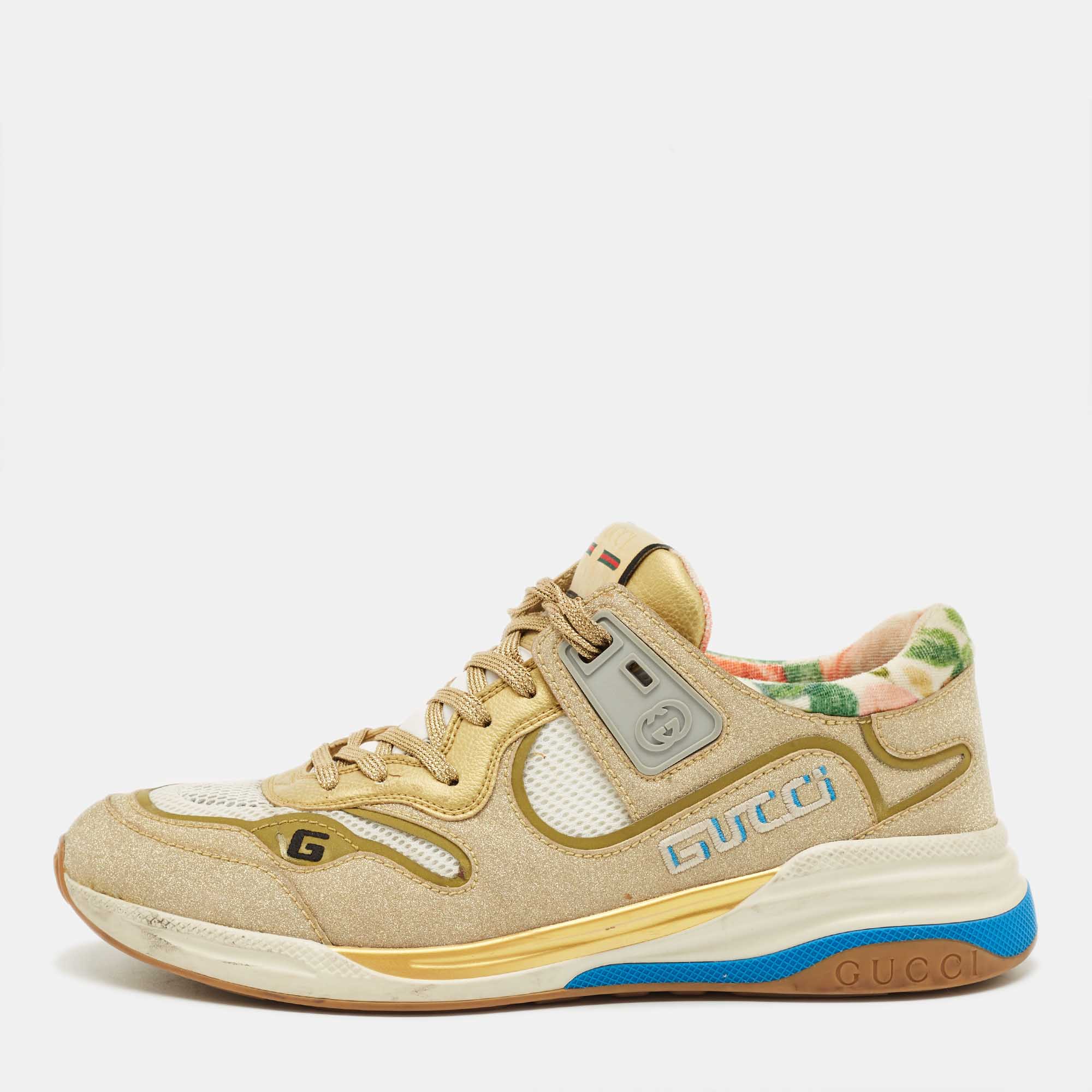 

Gucci Gold/White Mesh, Glitter and Leather Ultrapace Low Top Sneakers Size