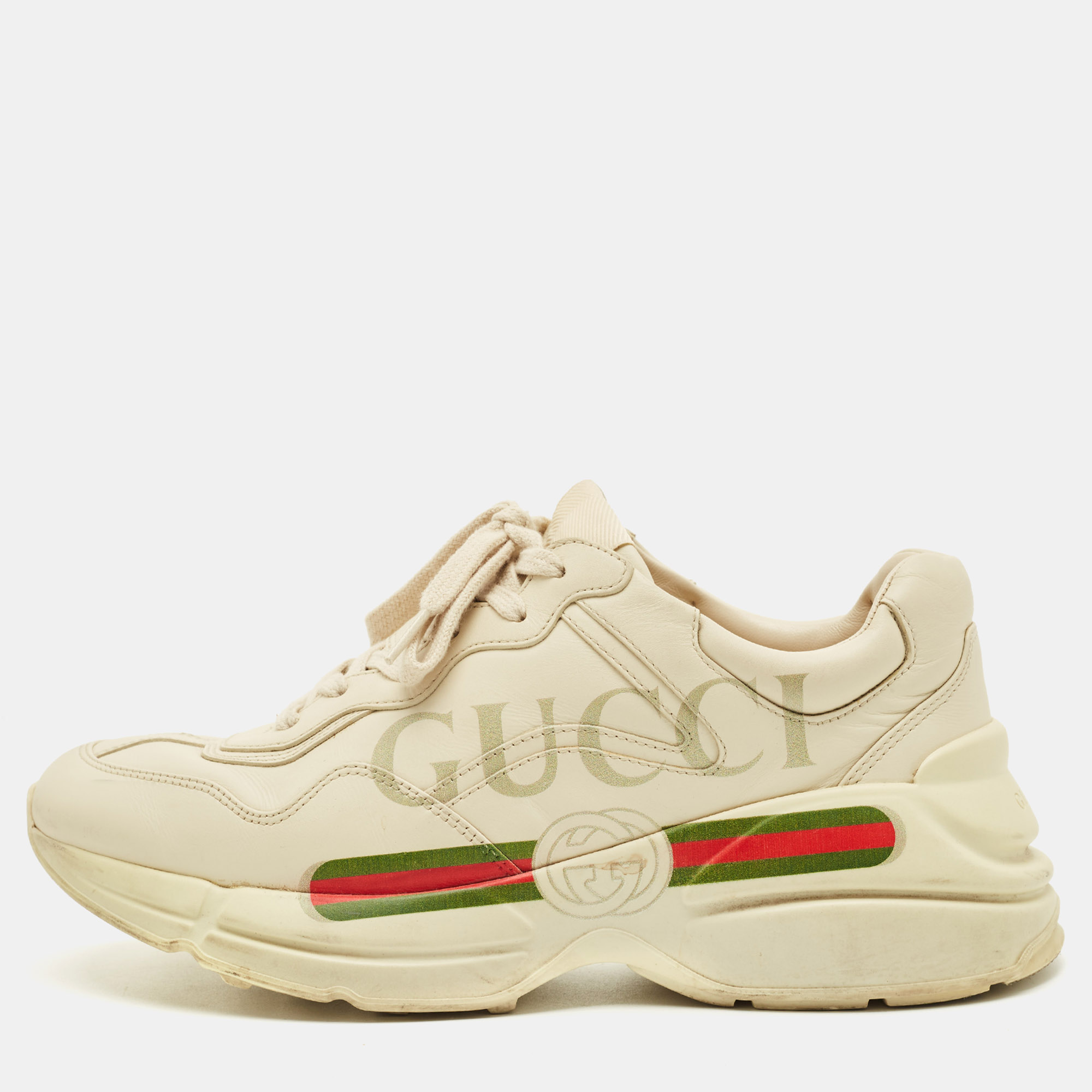

Gucci Cream Leather Rhyton Lace Up Sneakers Size 39.5