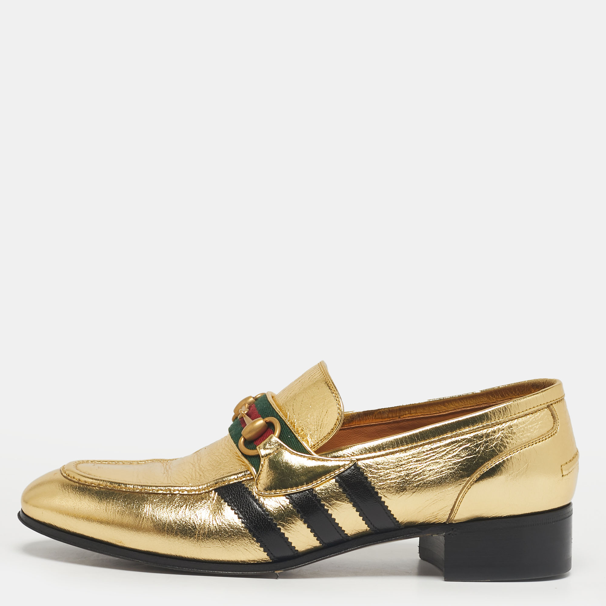 

Gucci Gold Leather Horsebit Web Loafers Size 42
