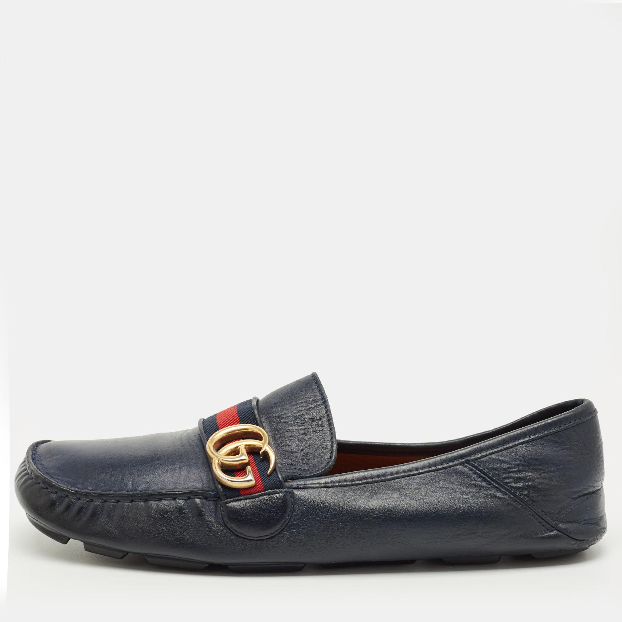 

Gucci Navy Blue Leather GG Marmont Web Driver Slip On Loafers Size 44