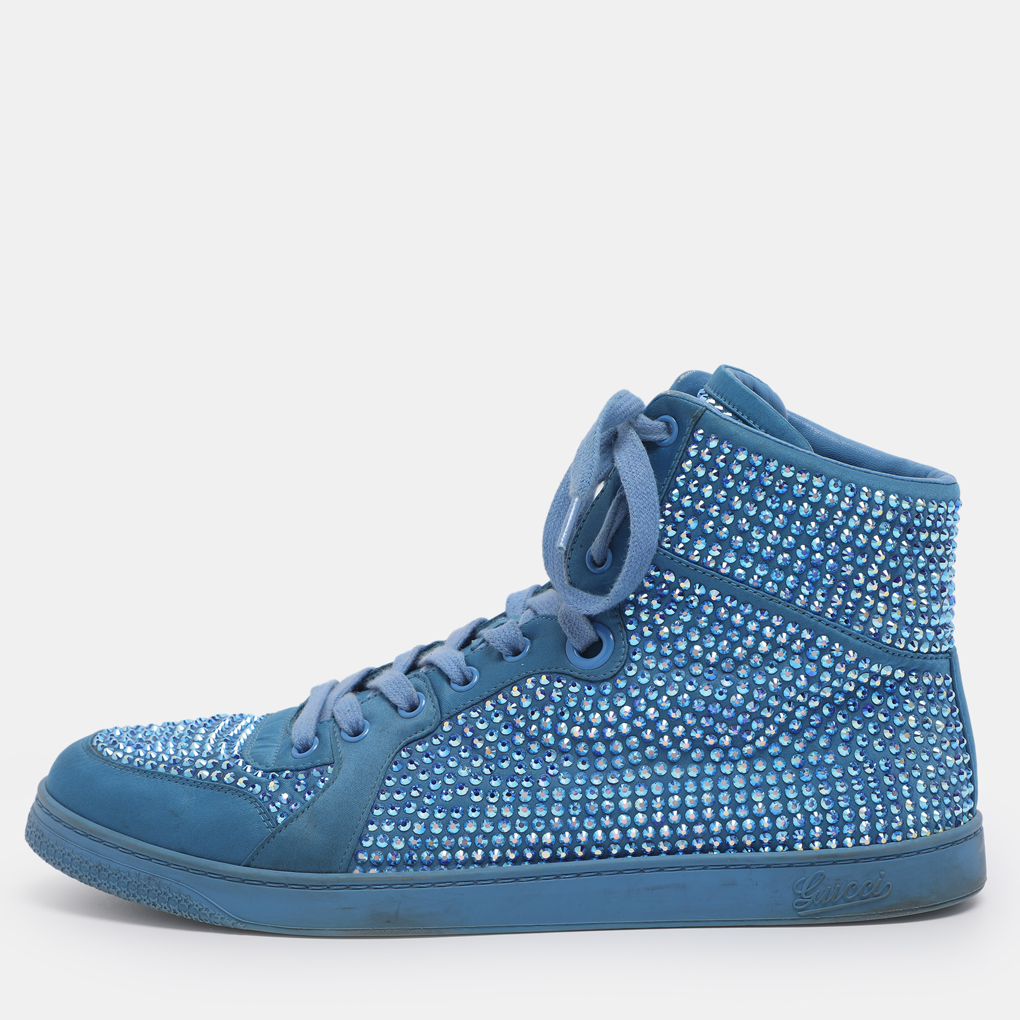 

Gucci Blue Satin Crystal Embellished High Top Sneakers Size 43