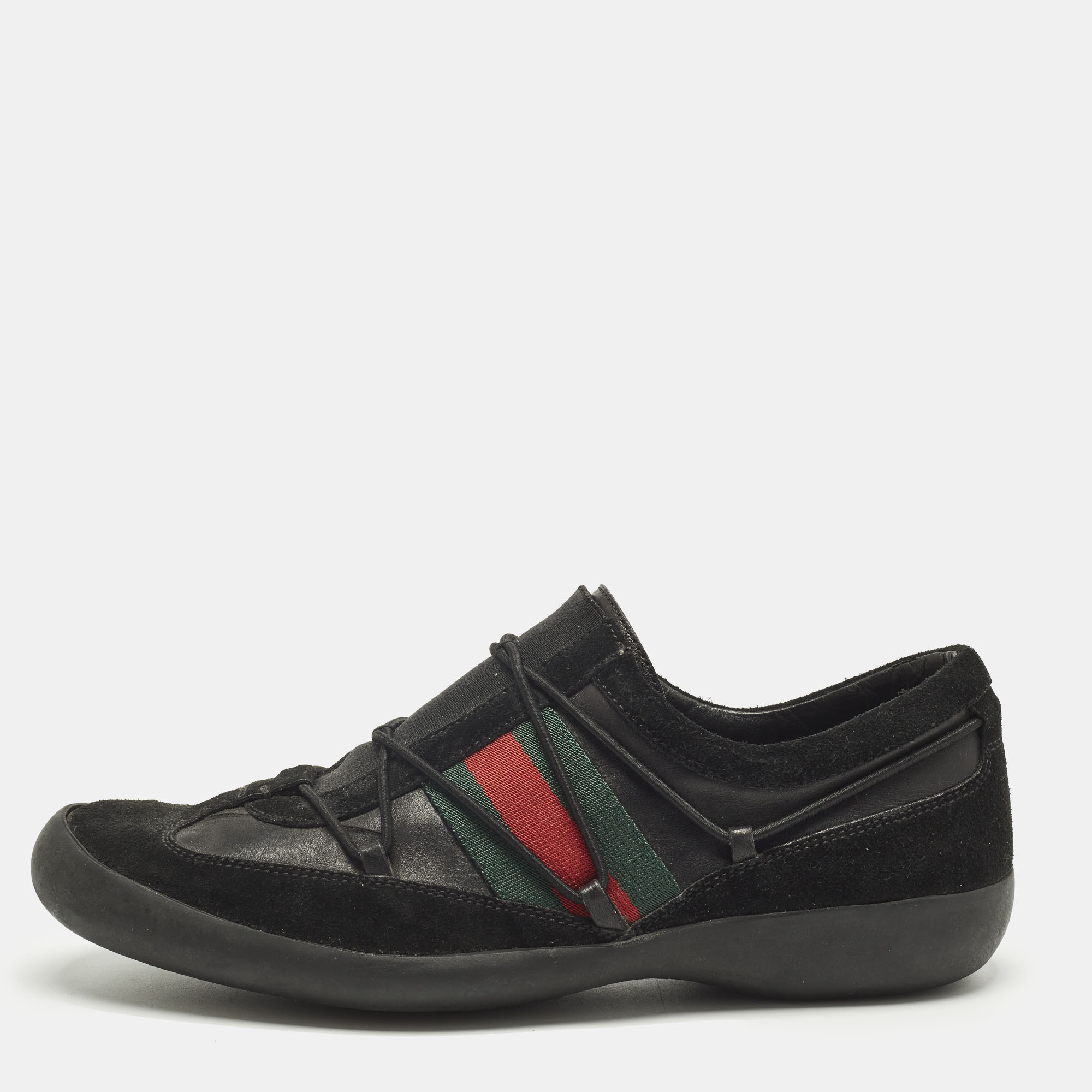Pre-owned Gucci Black Leather And Suede Elastic Web Vintage Slip On Sneakers Size 42.5
