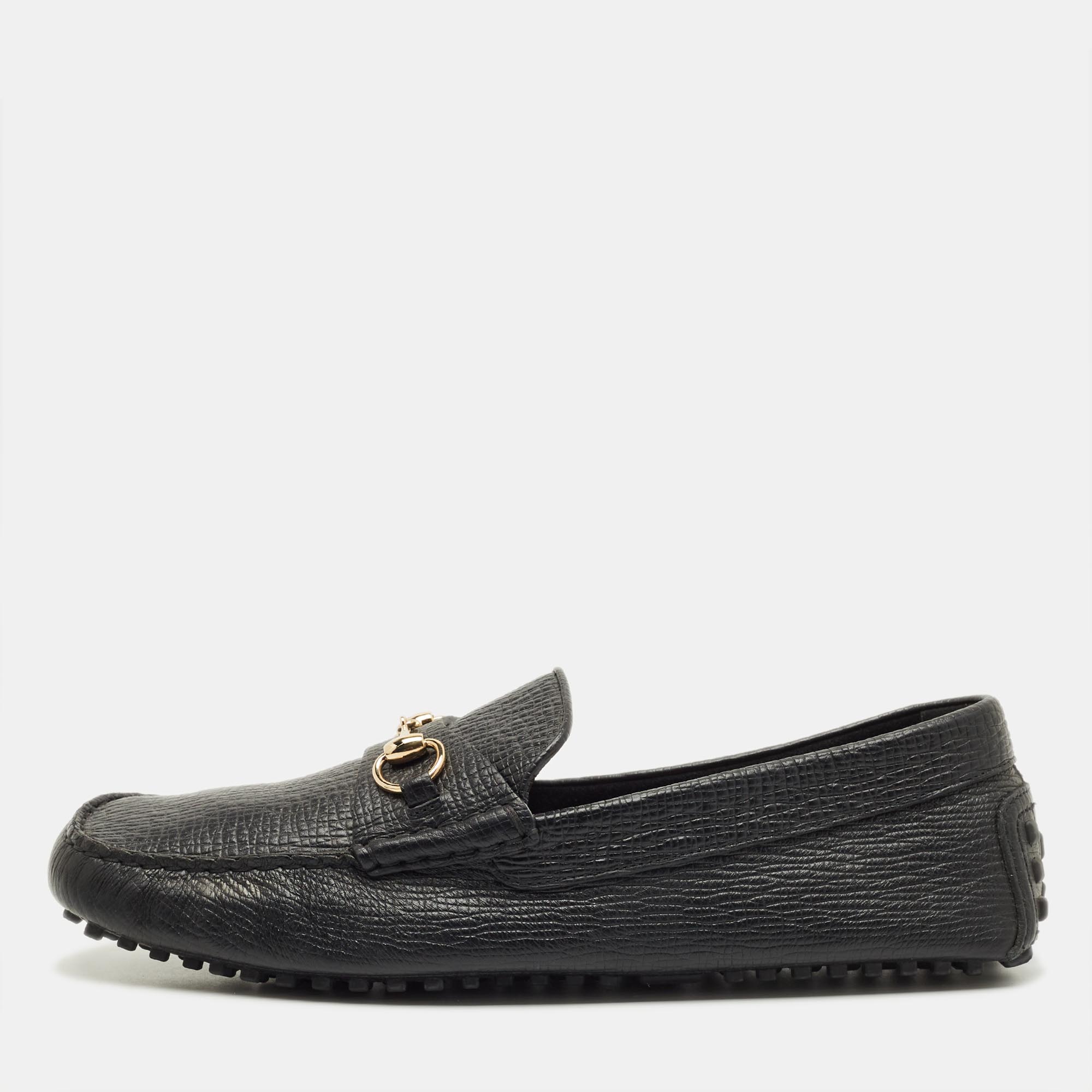 Click to view more detailed imagery on our partner's website Pre-owned Gucci Black Leather Horsebit Web Detail Driver Loafers Size 46.5