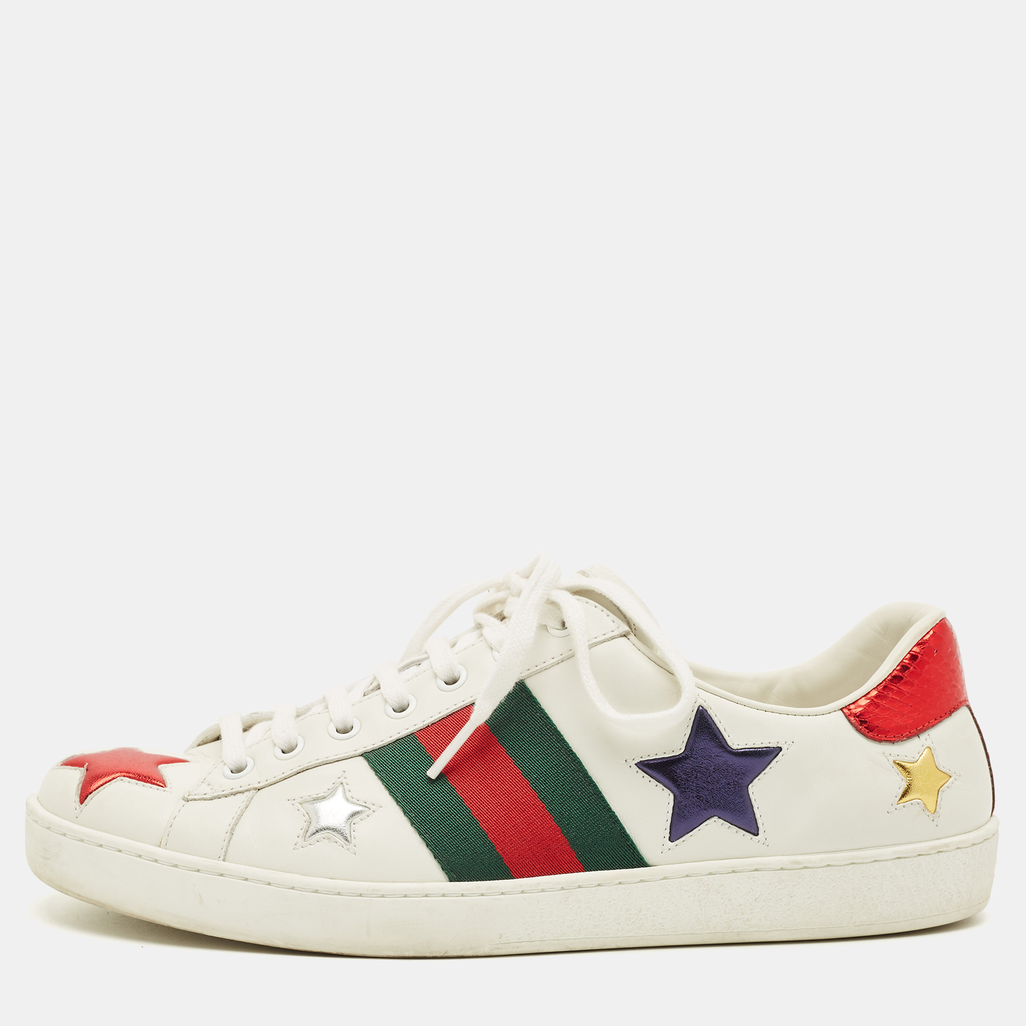 

Gucci Ace Web Size 42.5 White Leather Metallic Stars Low Top Sneakers