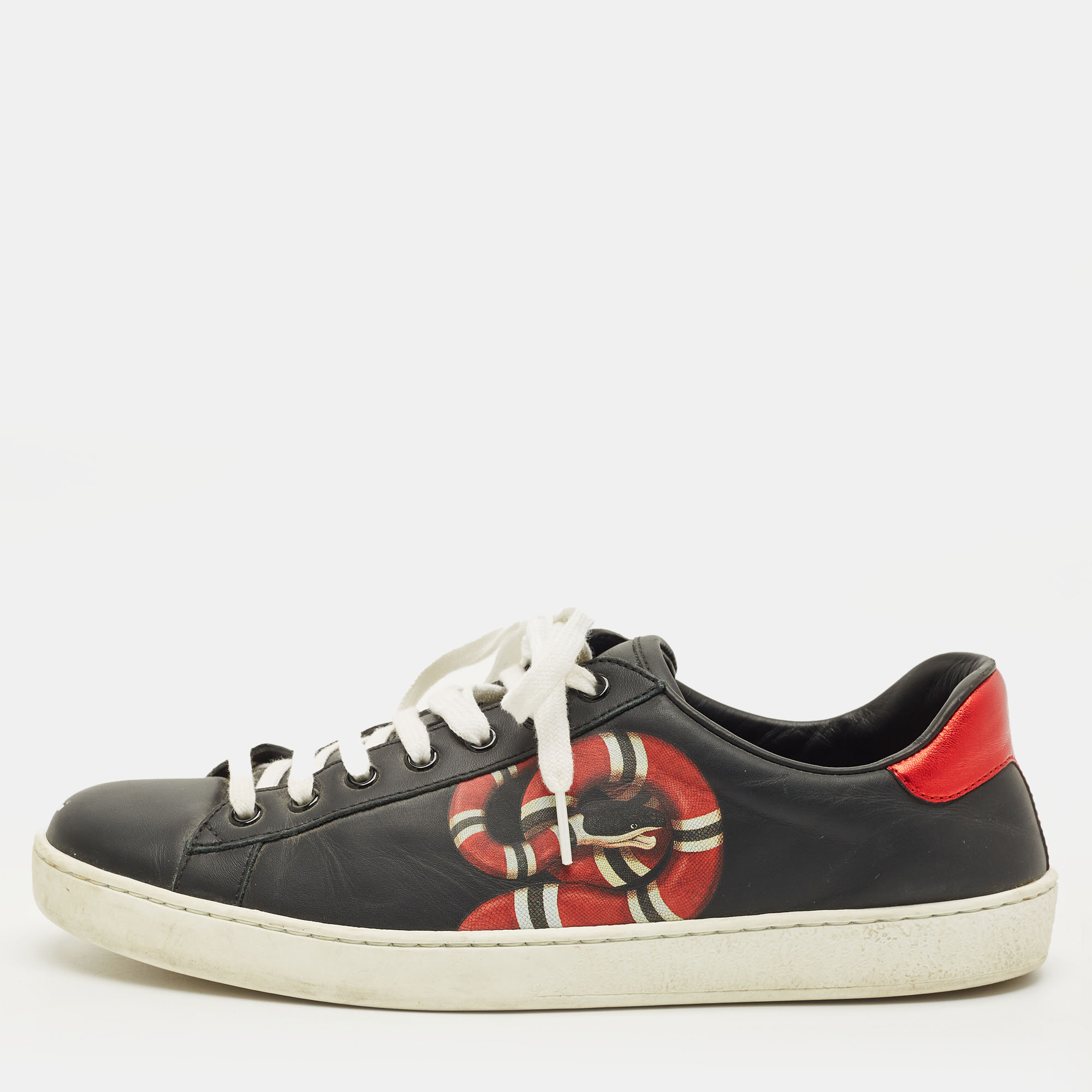 

Gucci Ace Size 42.5 Black Leather Kingsnake Print Low Top Sneakers