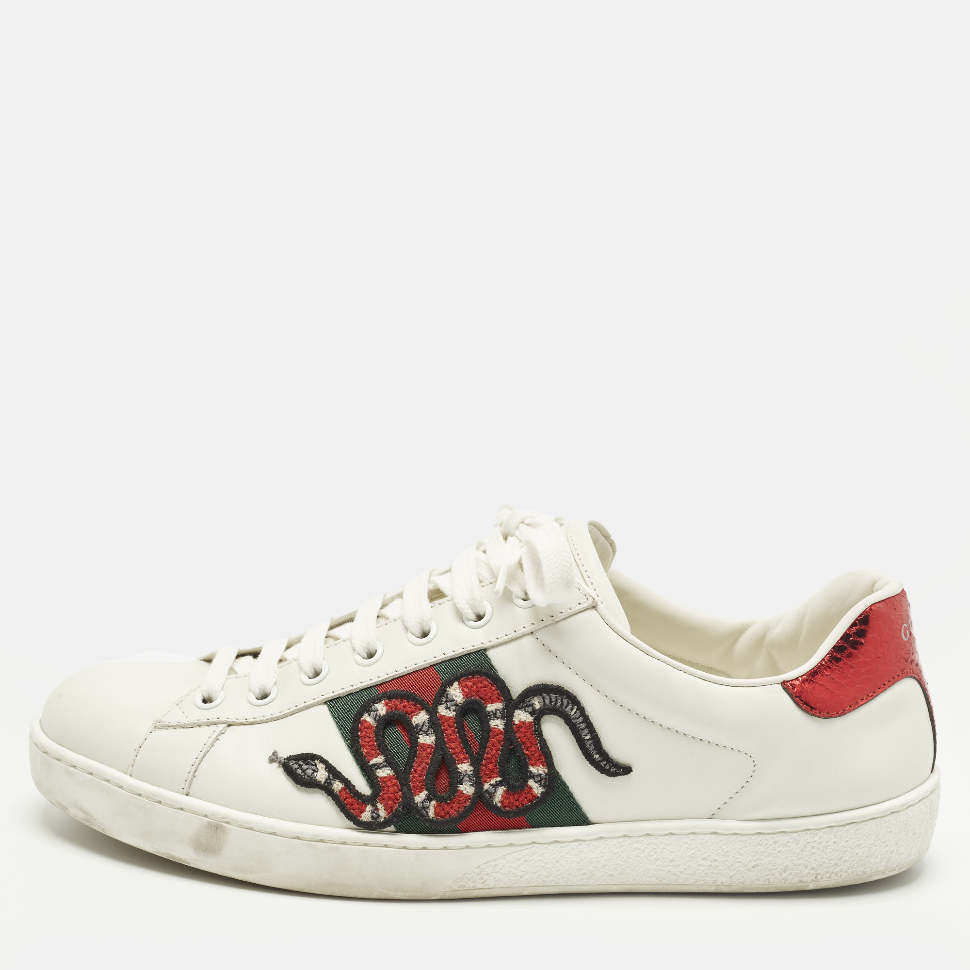 

Gucci Ace Size 42.5 White Leather Web Snake Embroidered Lace Up Sneakers