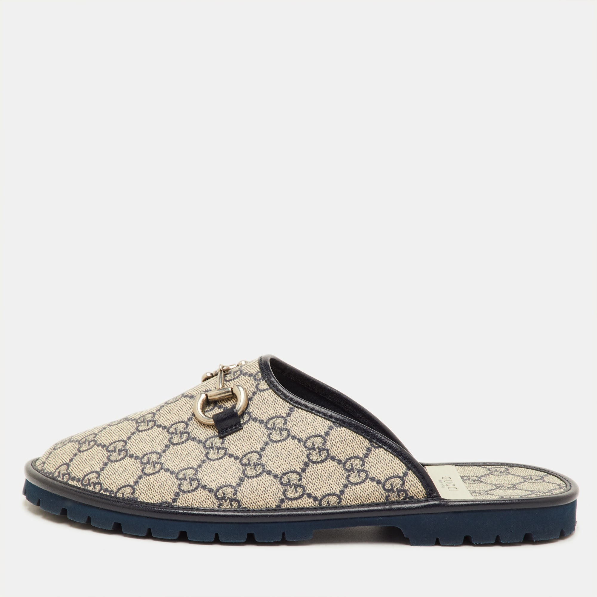 

Gucci Horsebit Size 41.5 Beige/Navy Blue GG Supreme Canvas and Leather Slipper Mules