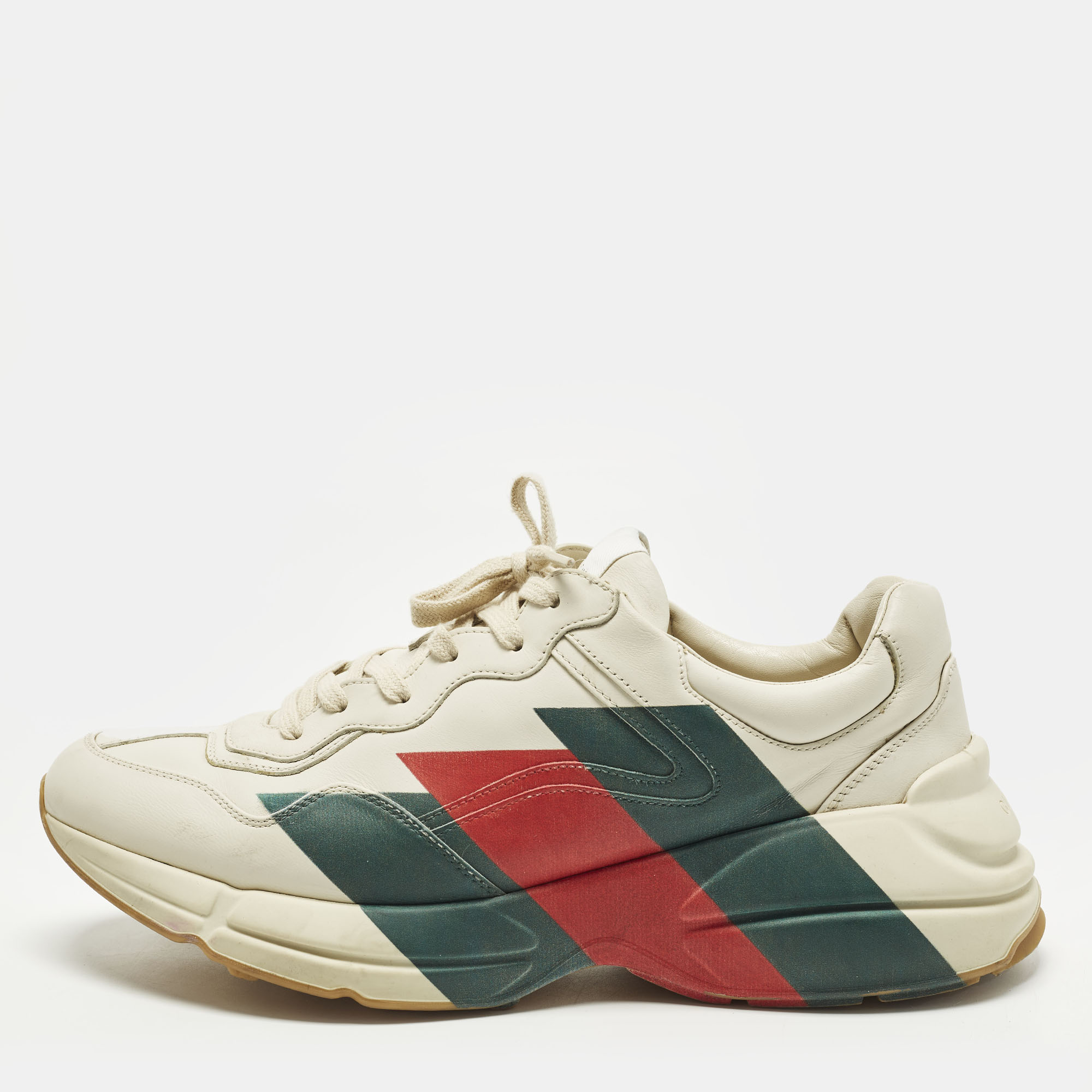 

Gucci Rhyton Size 45 Cream Leather Logo Print Lace Up Sneakers