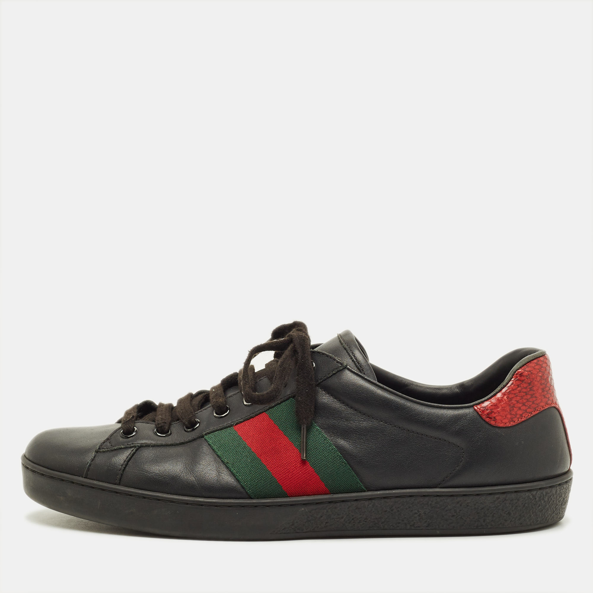 

Gucci Ace Size 43 Black Leather and Python Embossed Web Lace Up Sneakers