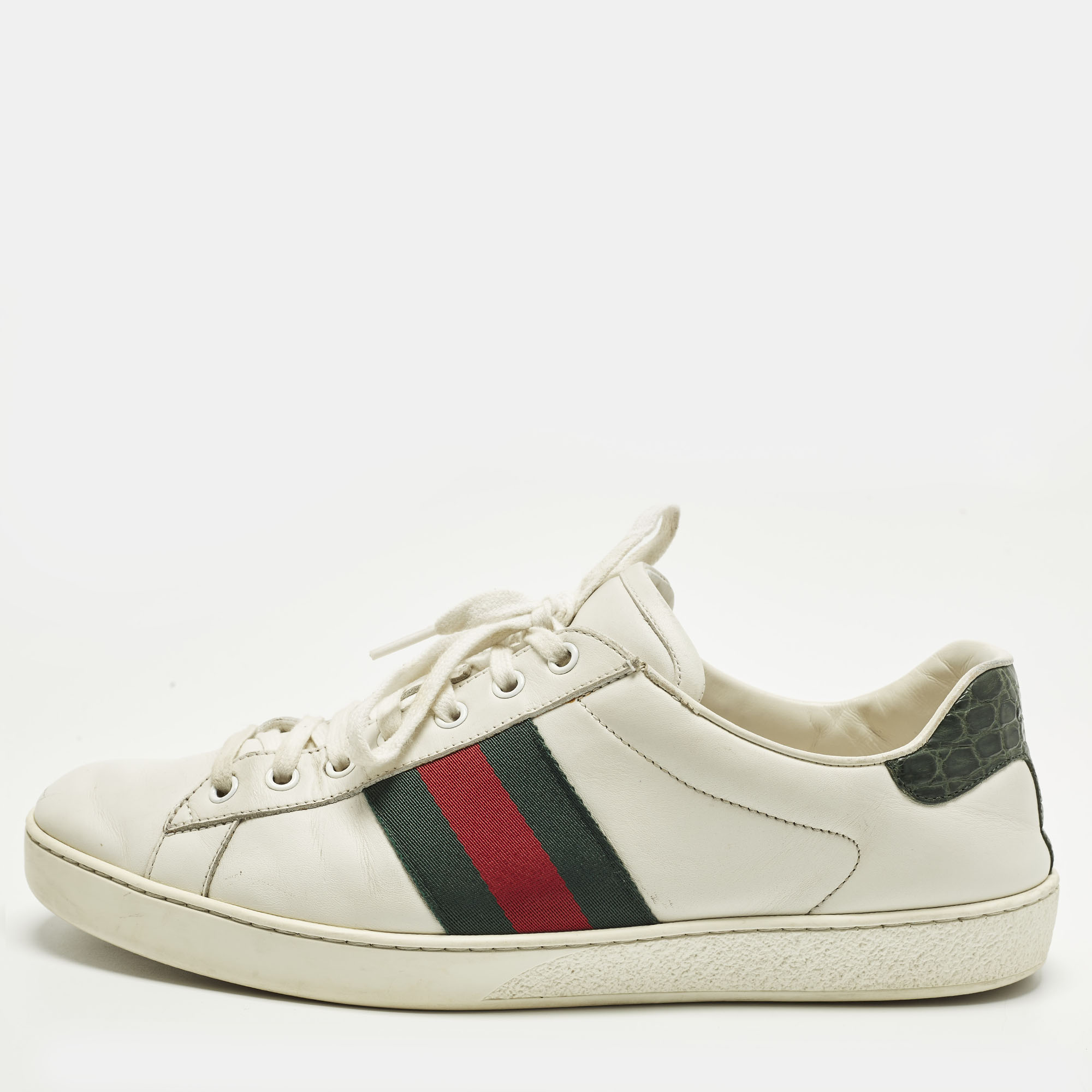 

Gucci Ace Size 44.5 White Crocodile Leather and Leather Web Low Top Sneakers