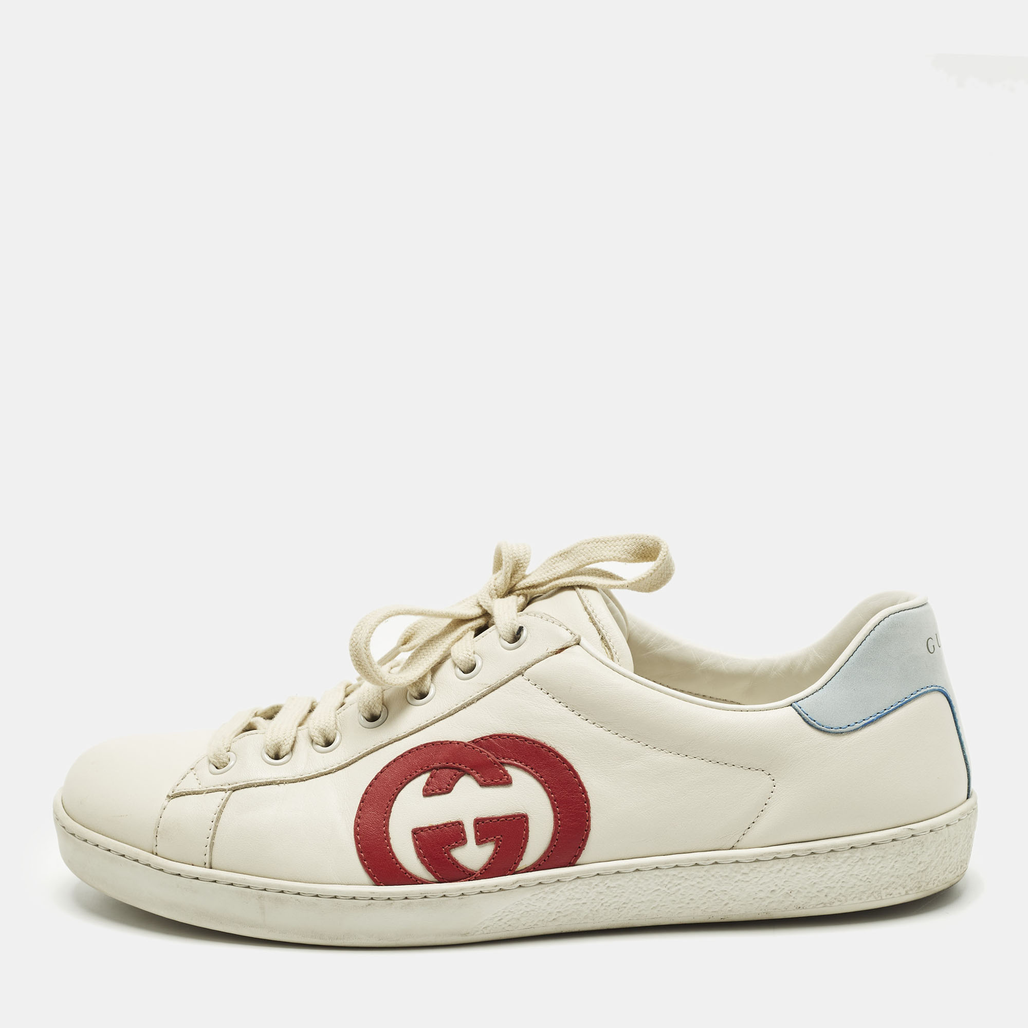

Gucci Interlocking G Size 43 Cream/Blue Leather and Suede Lace Up Sneakers