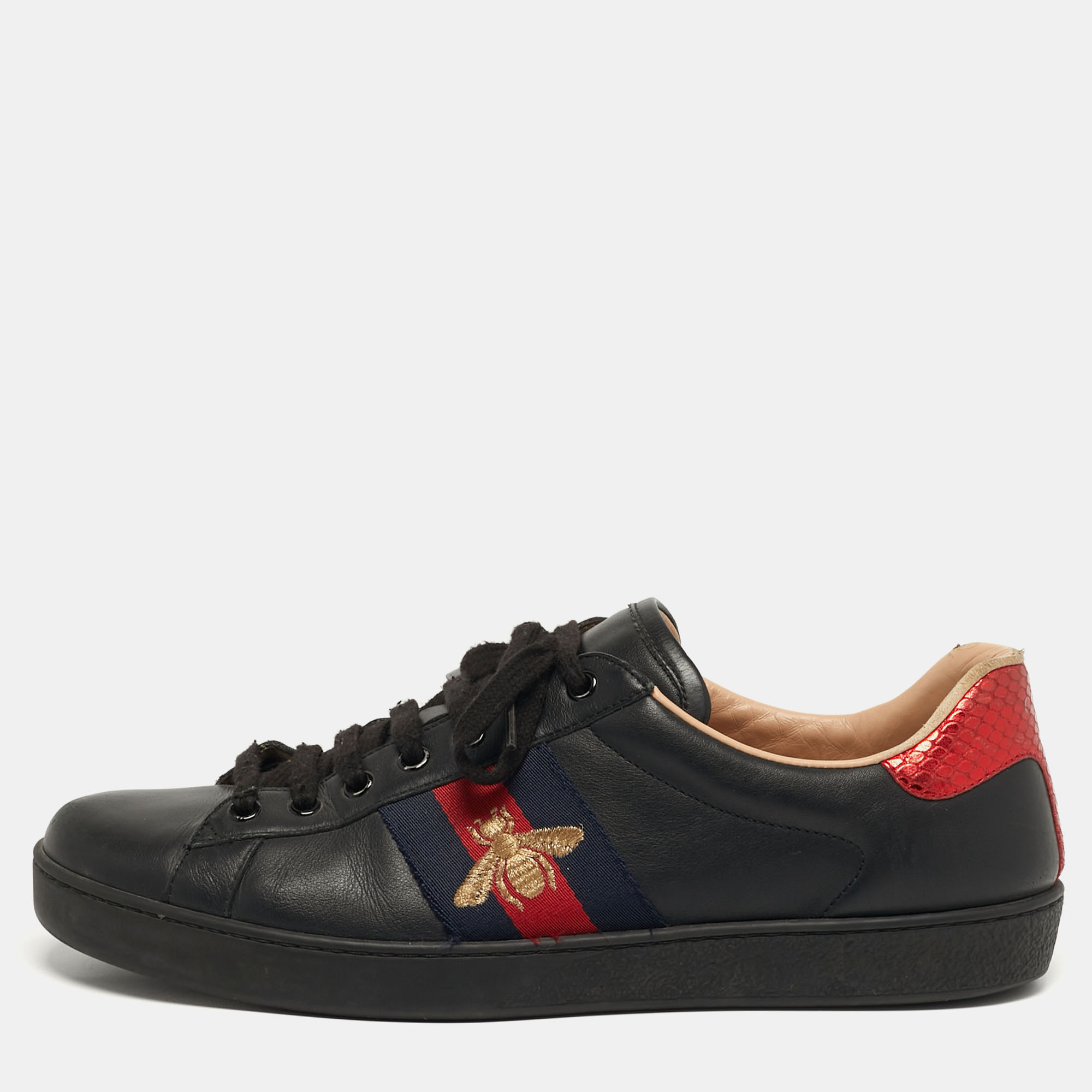 

Gucci Ace Size 43 Black Python Embossed and Leather Web Low Top Sneakers