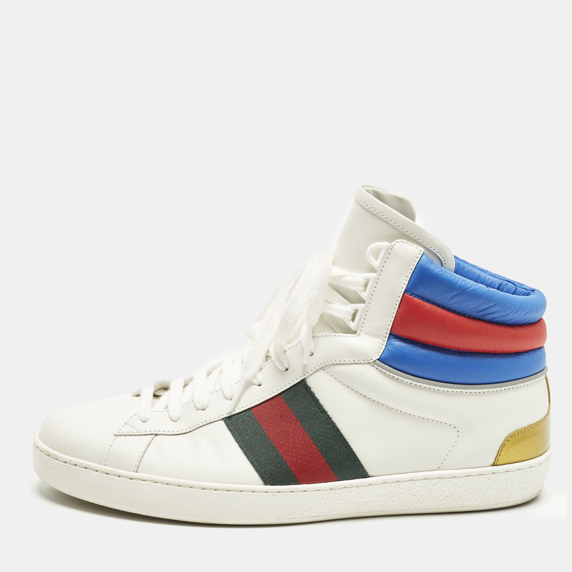 

Gucci Ace Size 43.5 Multicolor Leather Stripe Web High Top Sneakers