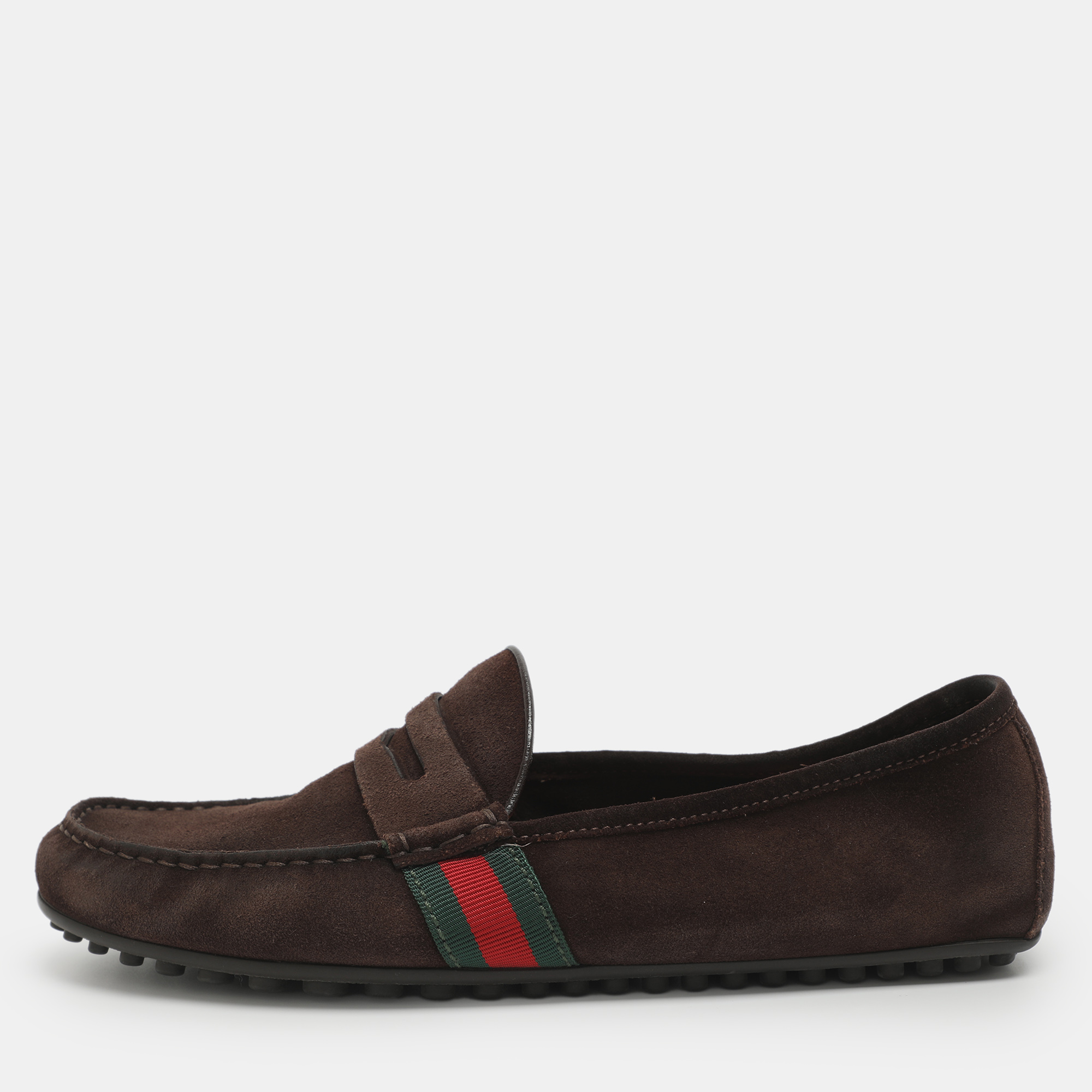 

Gucci Web Size 42 Brown Suede Penny Loafers