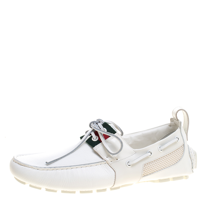 Gucci White Leather and Mesh Web Detail Bow Loafers Size 40.5