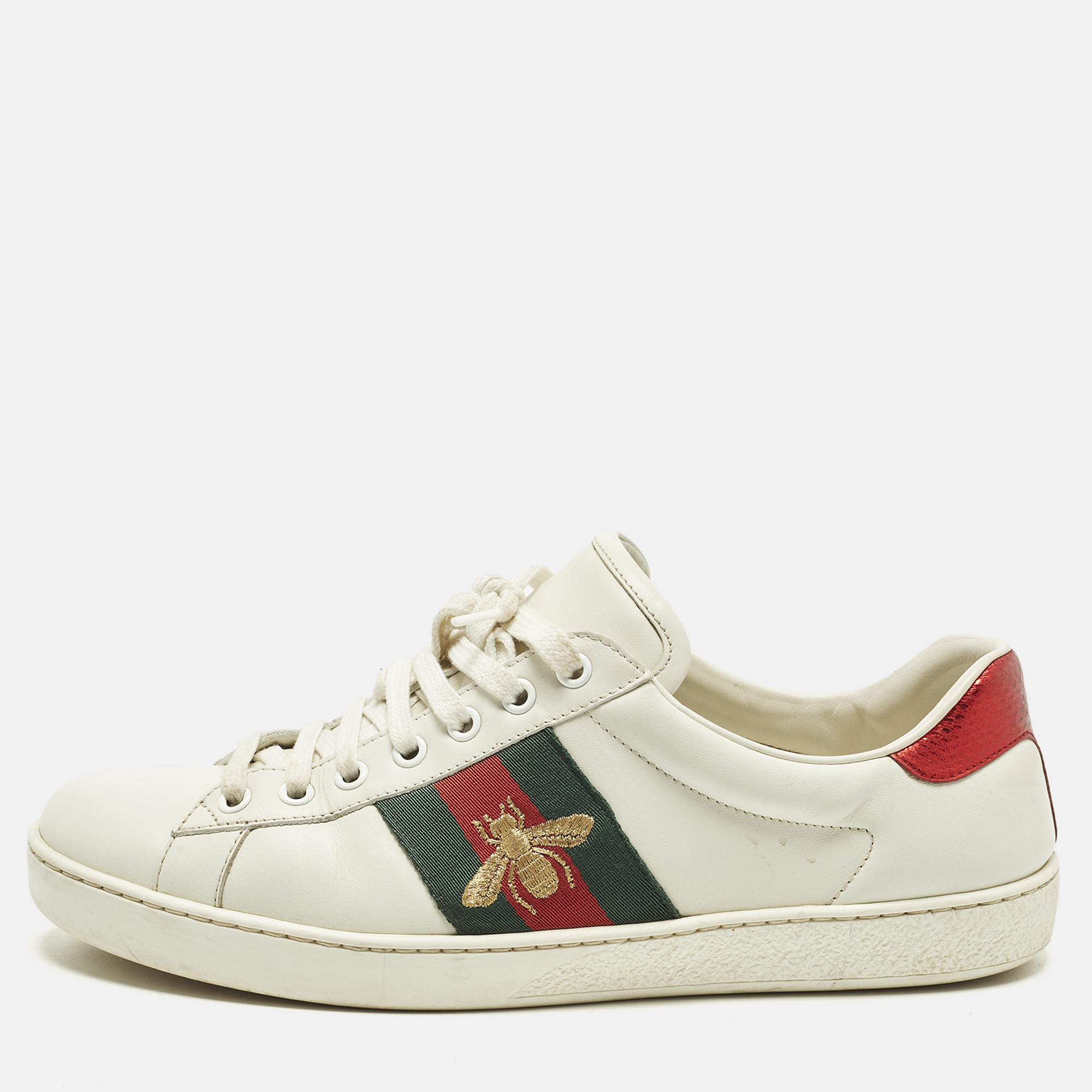 

Gucci Ace Size 41.5 White Leather and Python Embossed Leather Lace Up Sneakers