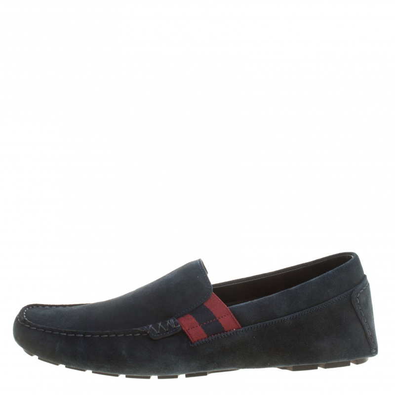 

Gucci Navy Blue Suede Web Detail Loafers Size
